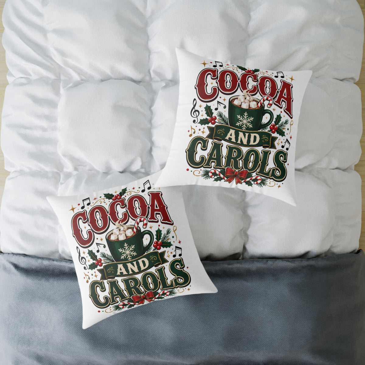 Christmas Cocoa and Carols Square Pillow — Holiday Hot Cocoa Christmas Decor