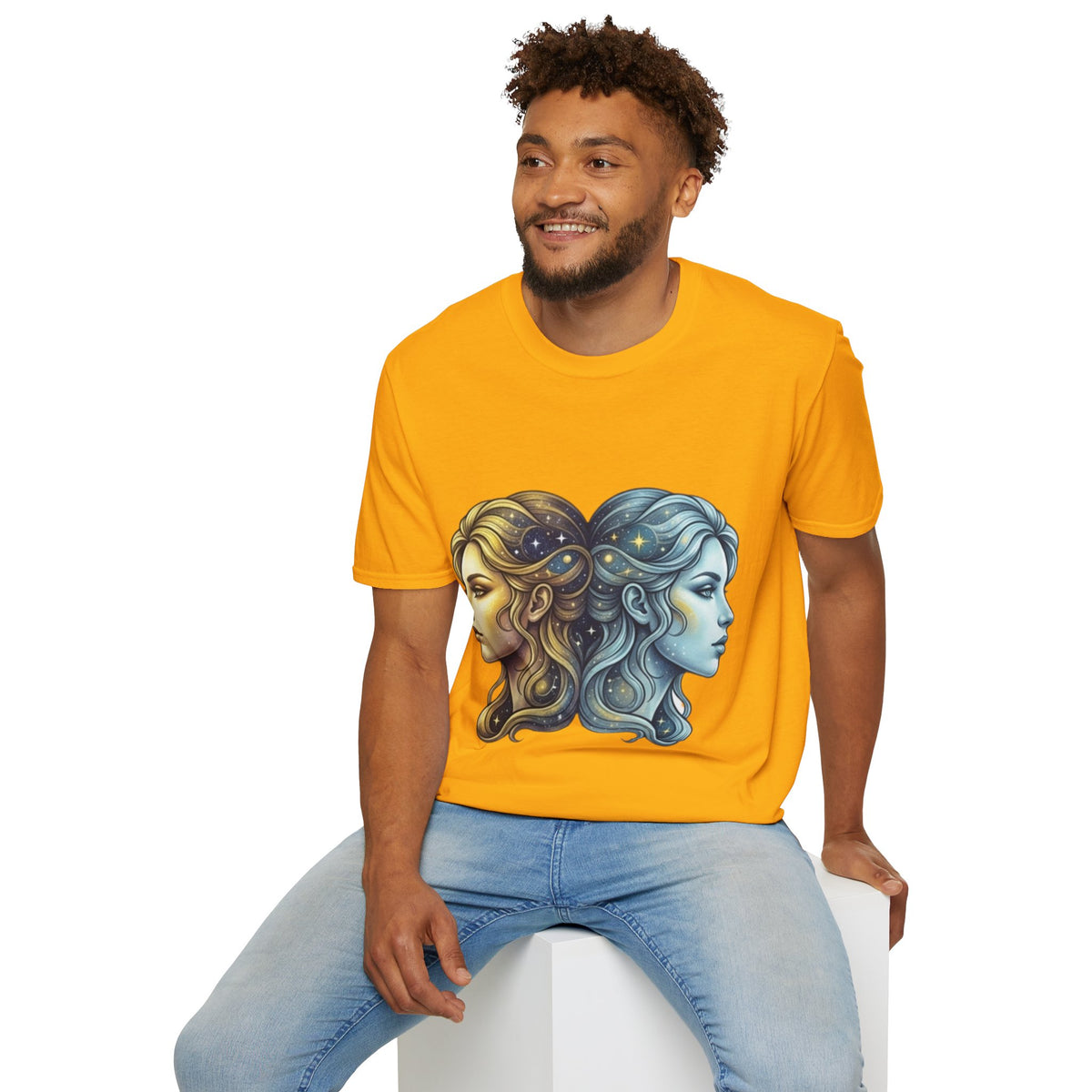 Zodiac Gemini Sun & Moon T-Shirt — Dual Faces Cosmic Design