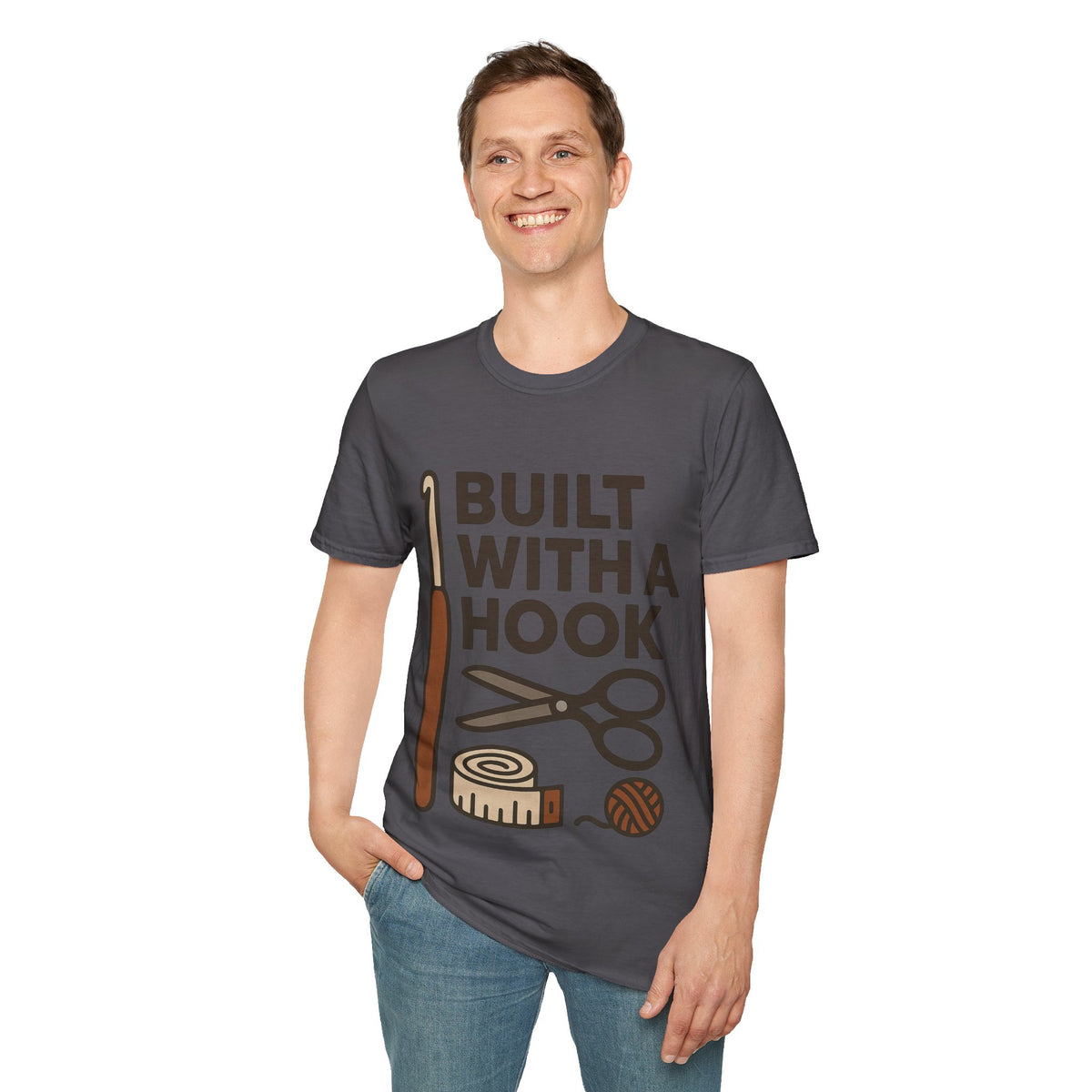 "Built With A Hook" Funny Crochet Graphic Tee - Minimalist Yarn Maker Crafting White T-Shirt - Trending Now - September 2026