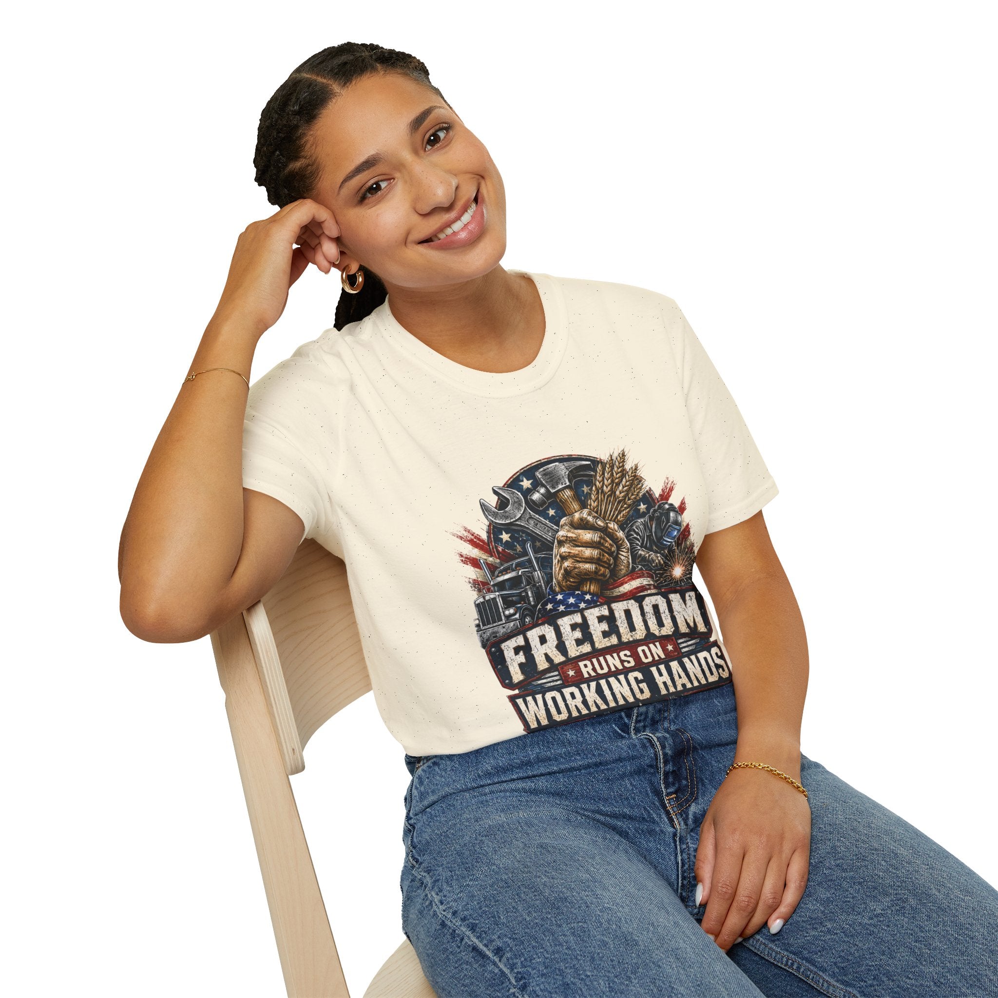 Freedom Runs on Working Hands T-Shirt — Patriotic Mechanic Tool & Wheat Design