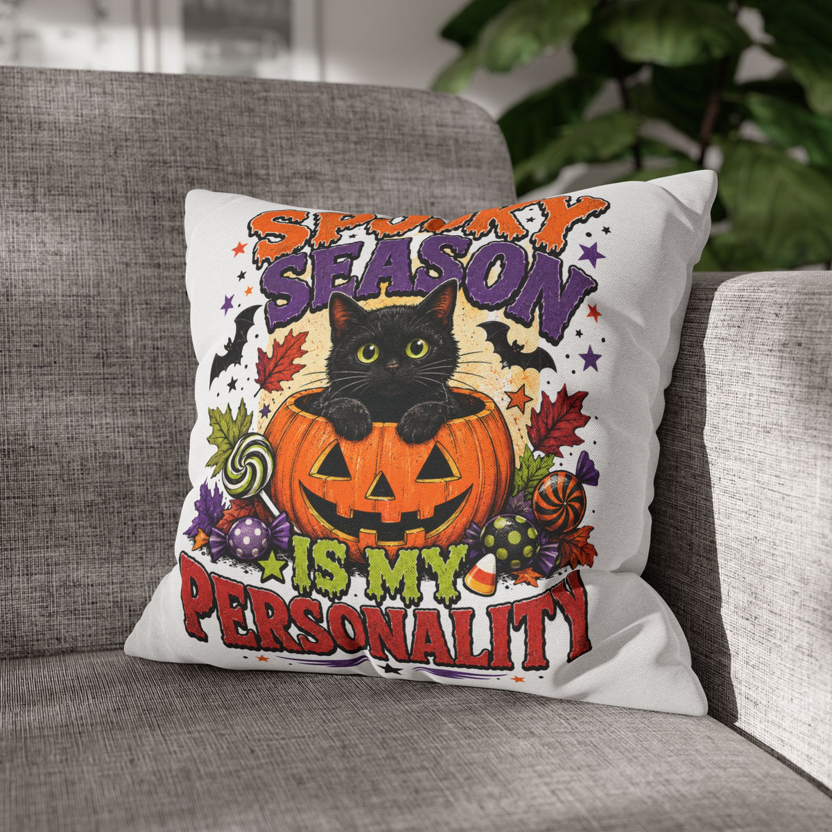 Halloween Pillowcase — "Spooky Season Is My Personality" Black Cat & Pumpkin Decorative Pillow Cover