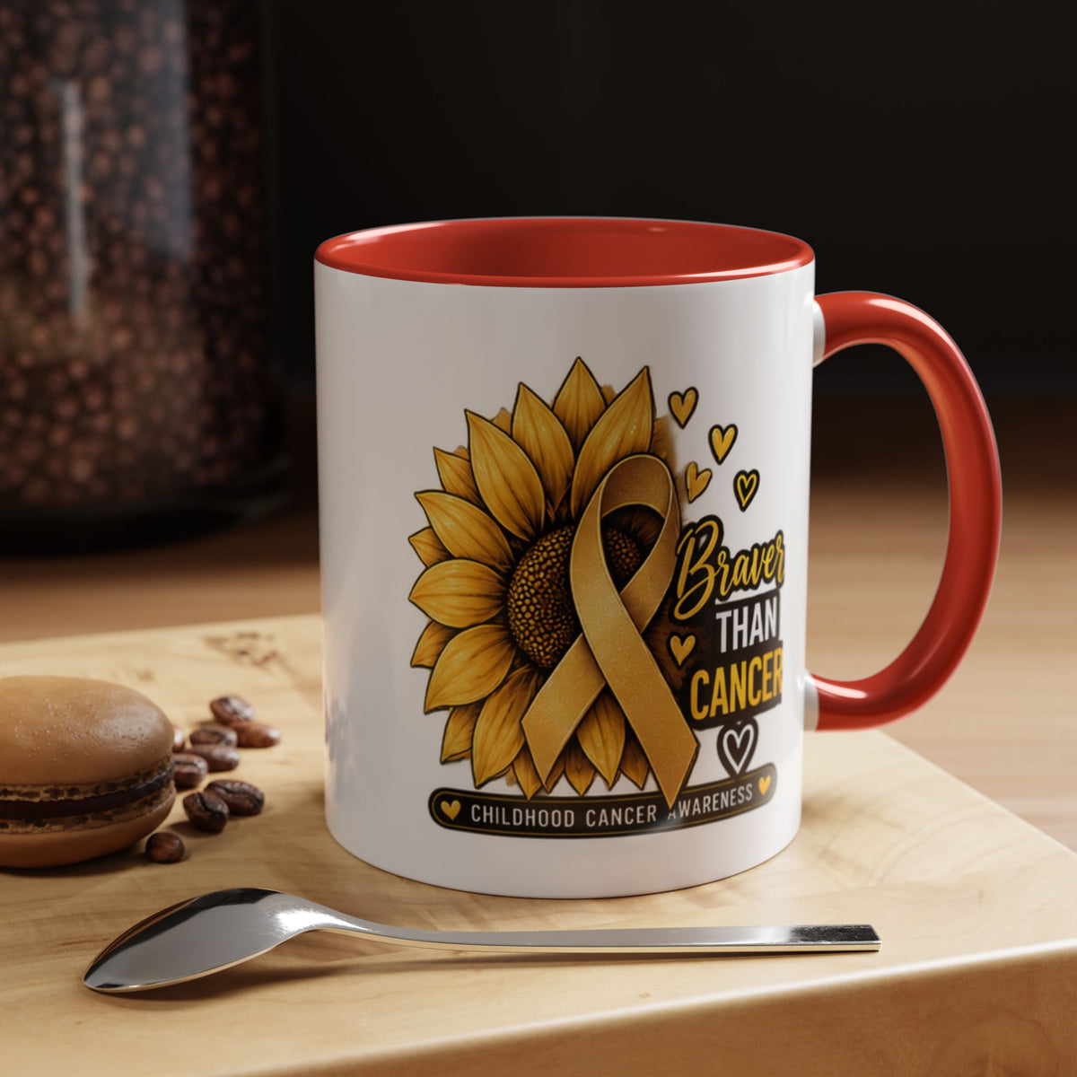 Childhood Cancer Awareness Mug — "Braver Than Cancer" Sunflower & Gold Ribbon