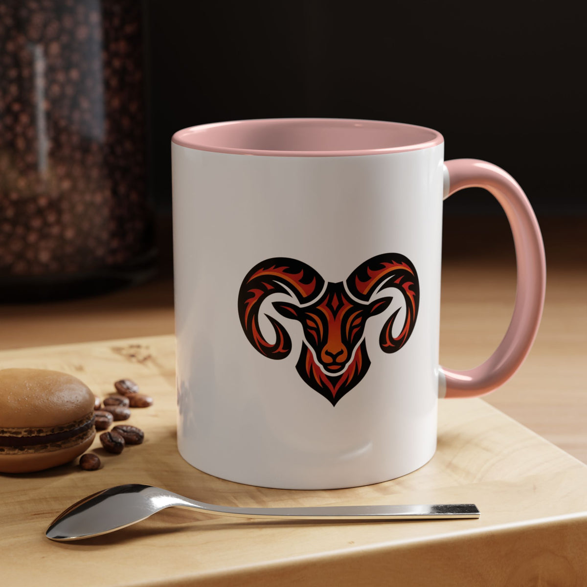 Aries Zodiac Ram Logo Accent Coffee Mug — Bold Tribal Ram Head Design