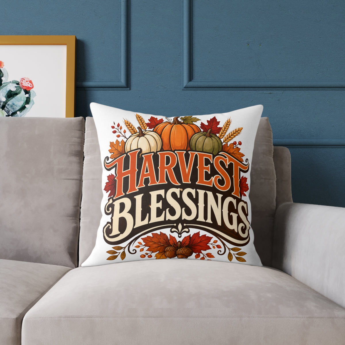 Thanksgiving Harvest Blessings Fall Throw Pillow — Autumn Pumpkin Decorative Pillow