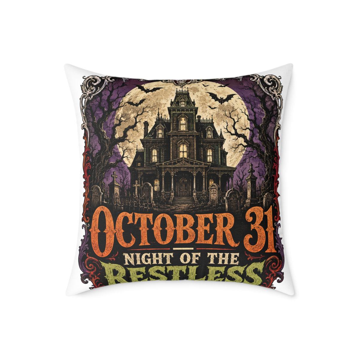 Halloween Haunted House Pillow — "October 31 Night of the Restless" Square Canvas Throw Pillow