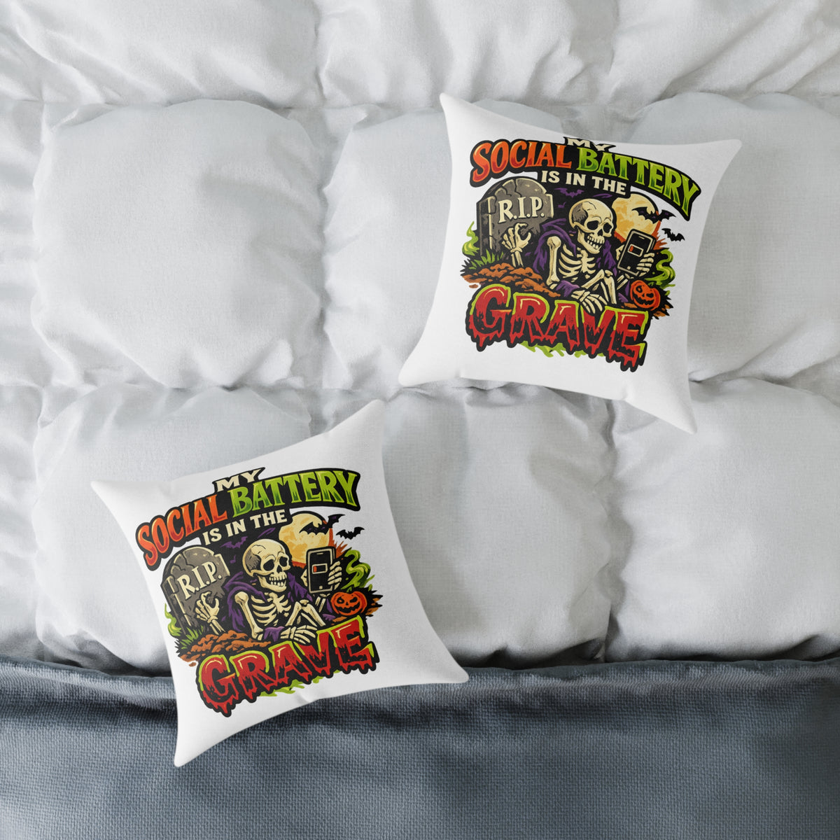 Halloween Skeleton Pillow - "My Social Battery Is In The Grave" Decorative Throw Pillow