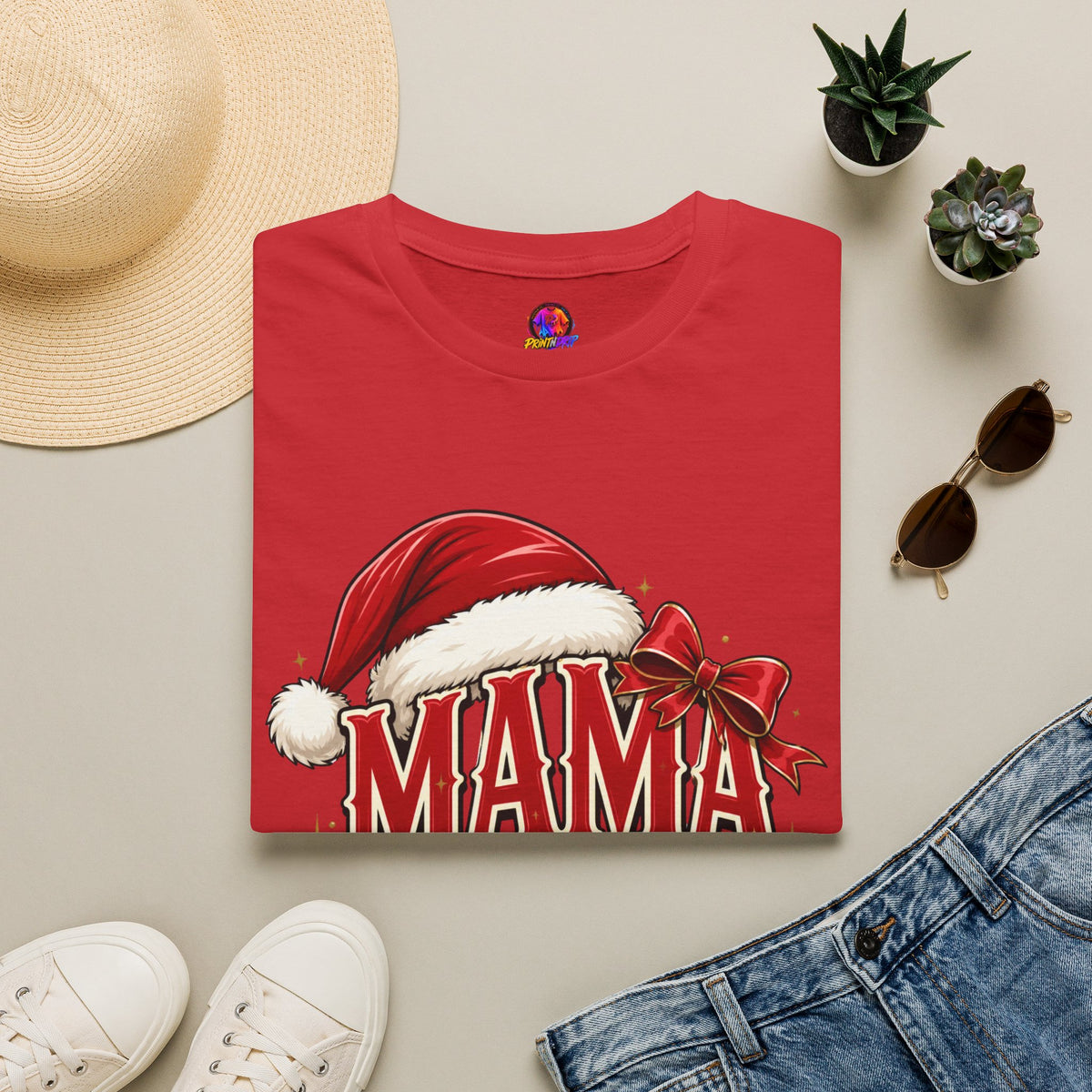 Mama Claus T-Shirt — Festive Christmas Mom Tee with Santa Hat & Bow
