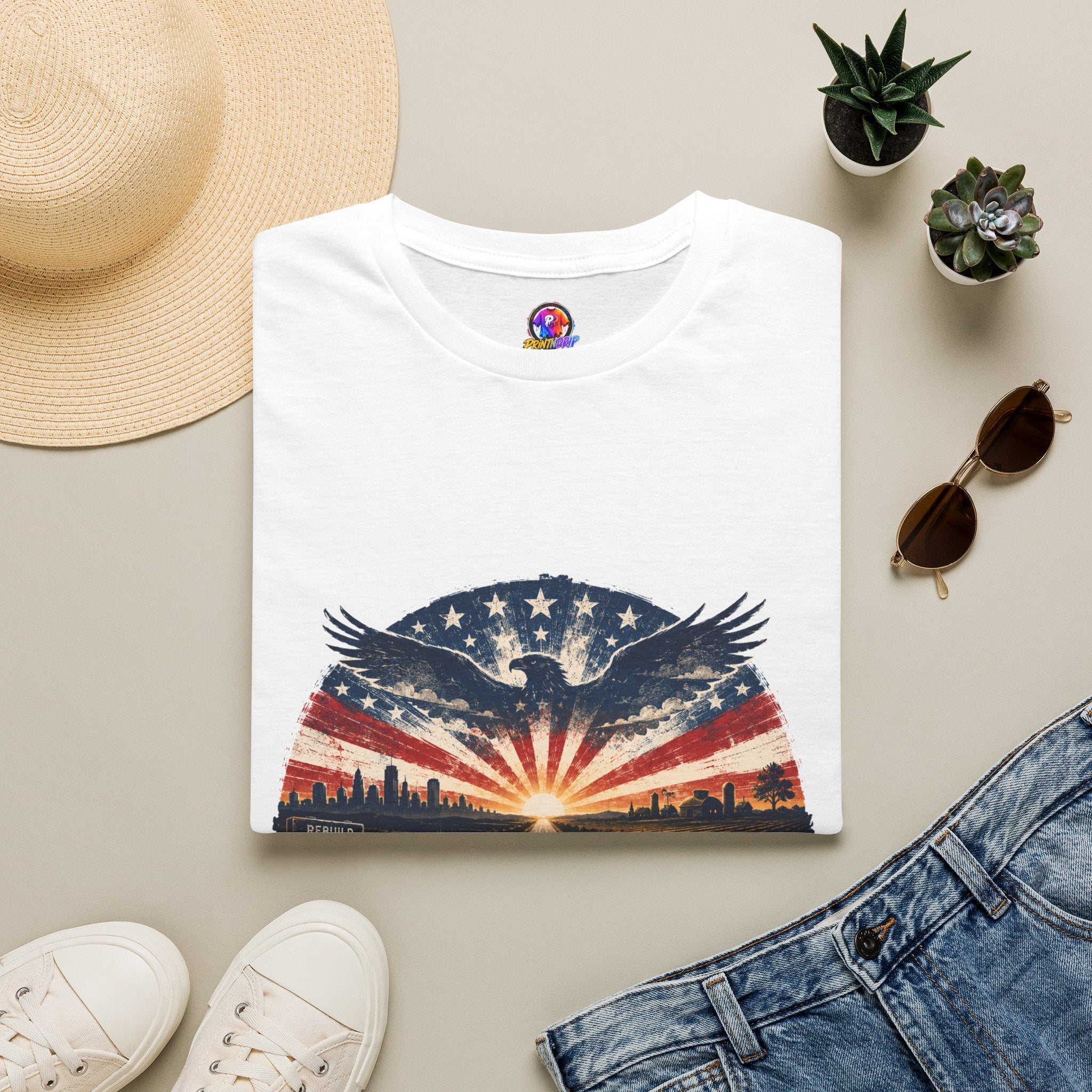 Patriotic Eagle T-Shirt — United States Skyline Vintage Flag Design