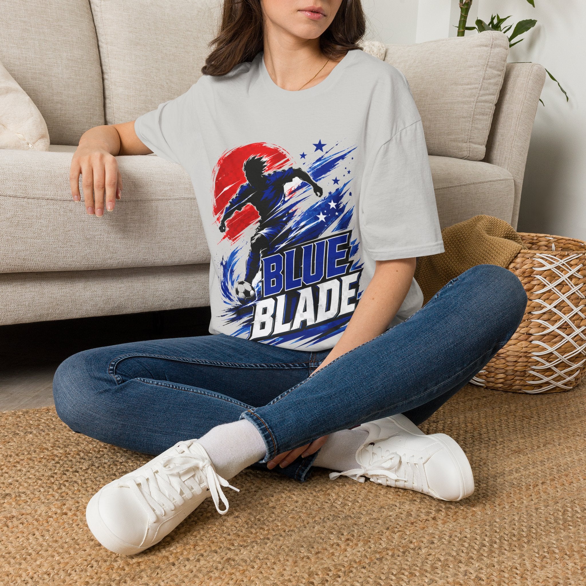 Japan T-Shirt — Blue Blade Soccer Graphic Tee (Red & Blue Starburst)