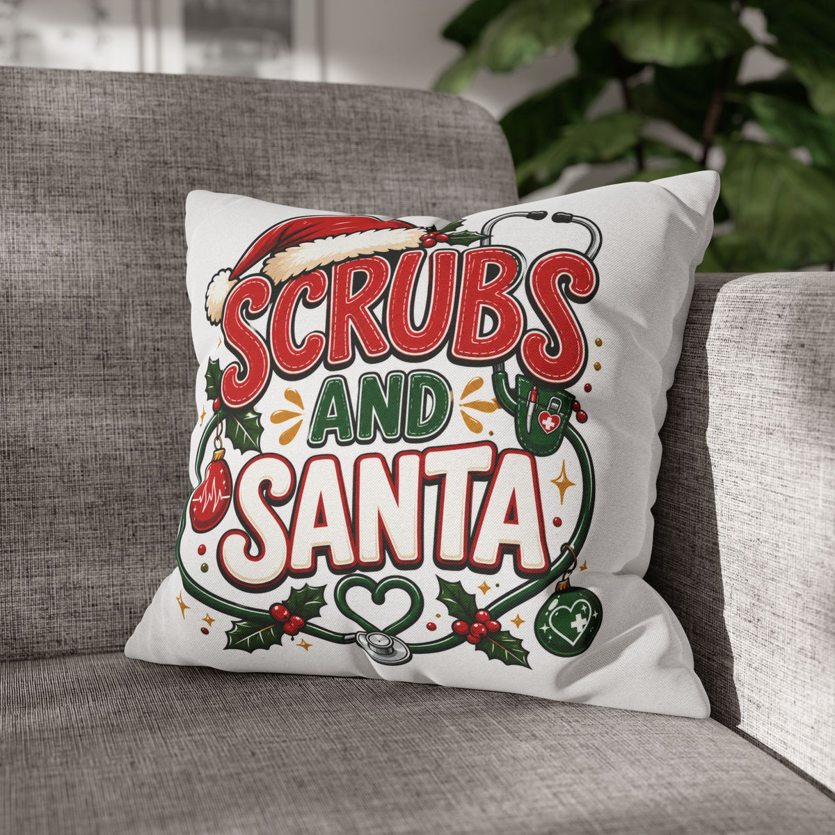 Christmas Scrubs and Santa Holiday Pillowcase – Christmas Nurse Decorative Throw Pillow Cover