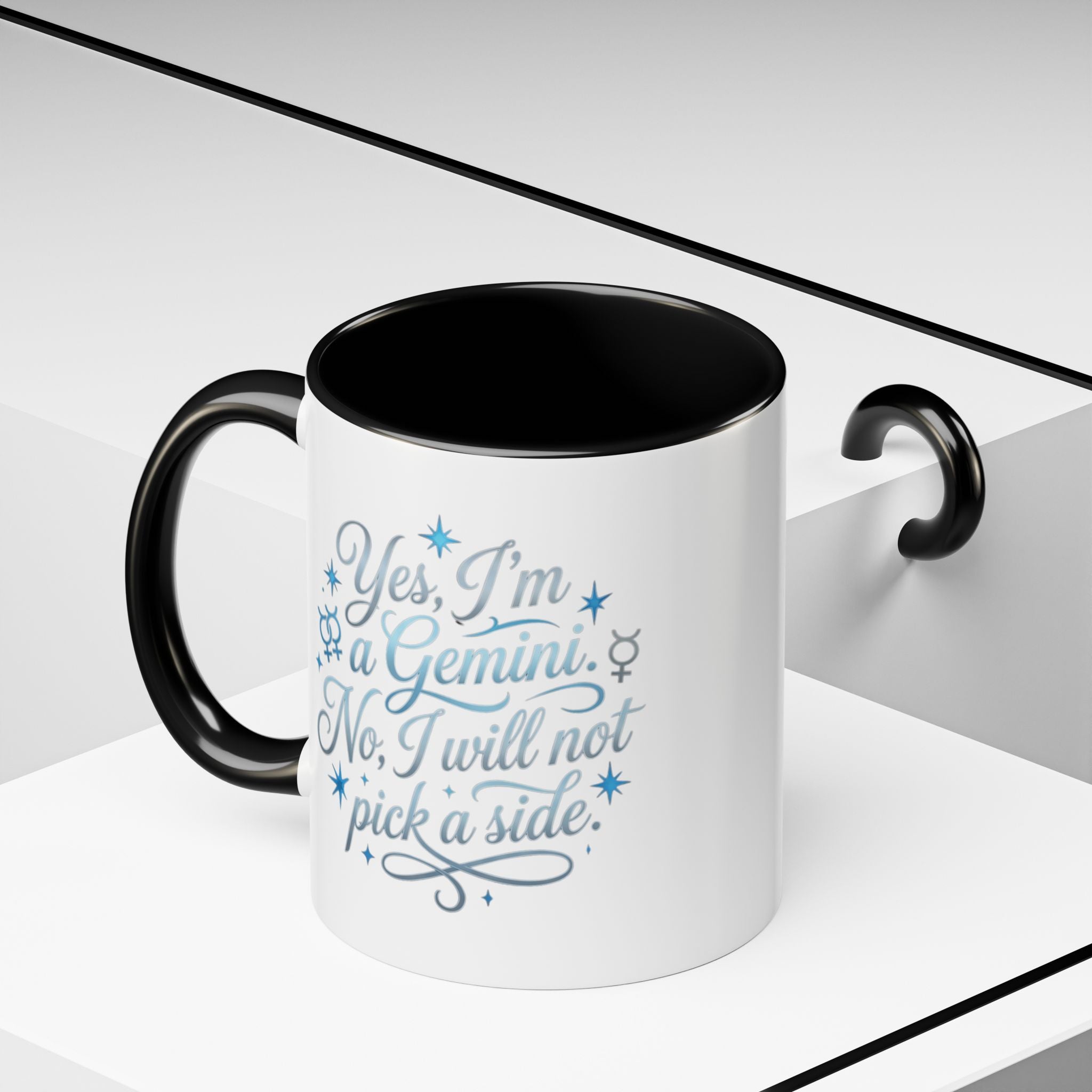 Gemini Zodiac Accent Coffee Mug – “Yes, I’m a Gemini. No, I will not pick a side.” – Astrological Gift
