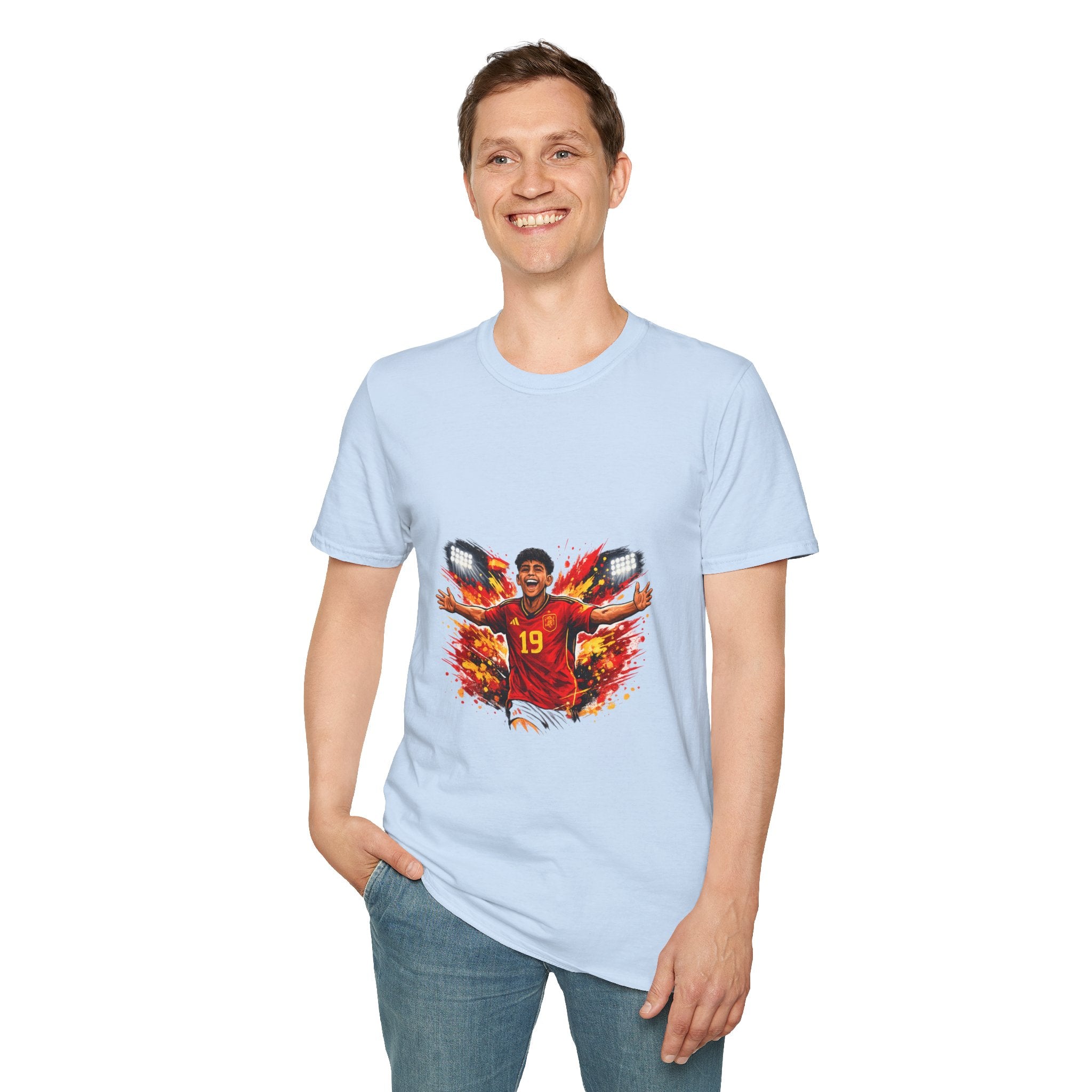 Spain Soccer Fan Portrait T‑Shirt – Fiery Goal Celebration Design