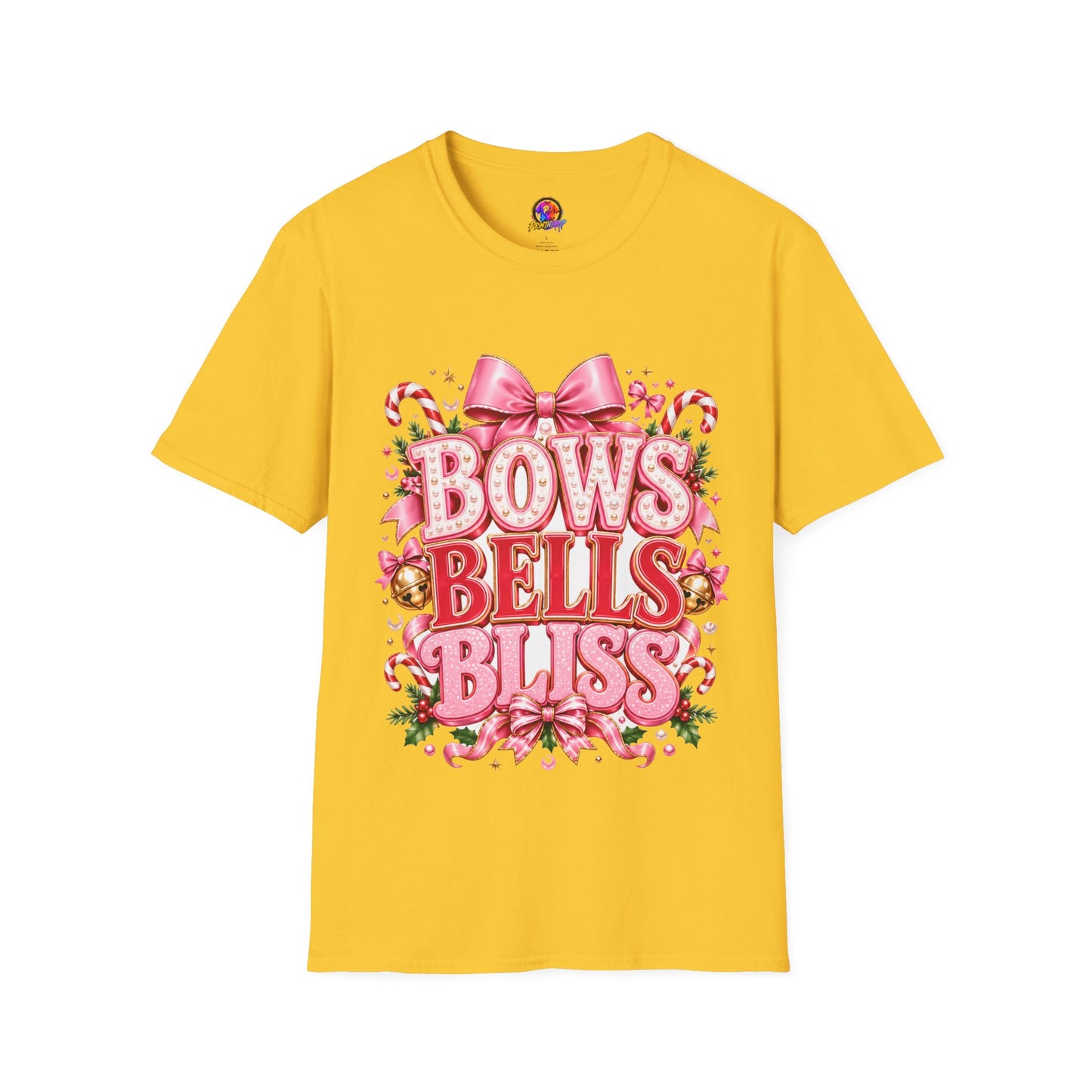 Bows Bells Bliss Christmas T‑Shirt — Pink Holiday Bow Graphic