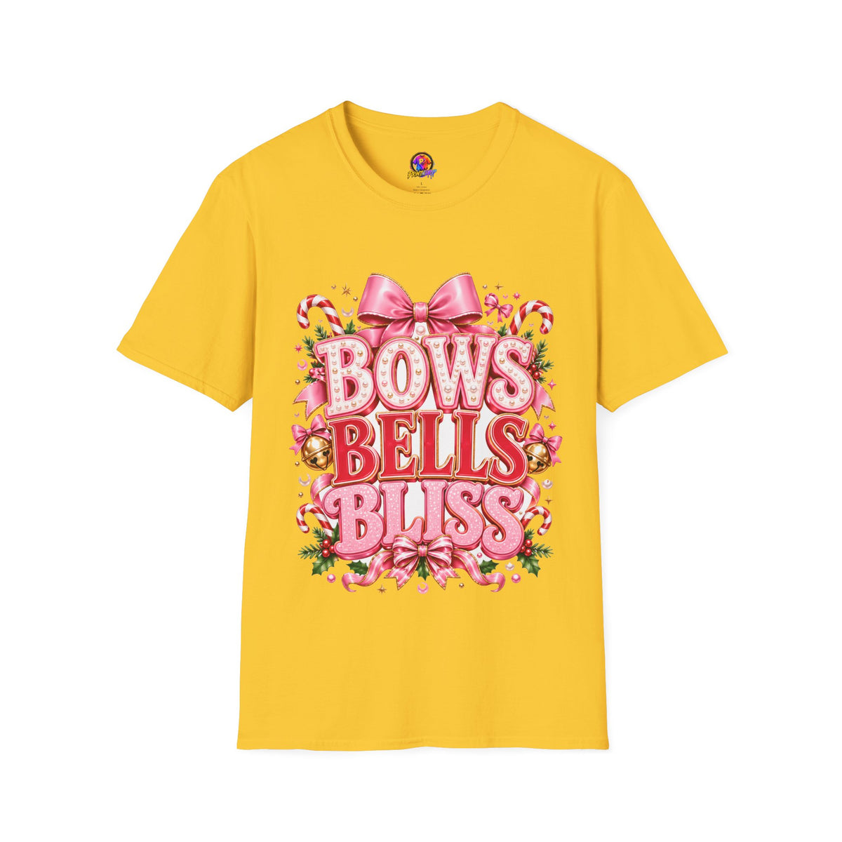 Bows Bells Bliss Christmas T‑Shirt — Pink Holiday Bow Graphic