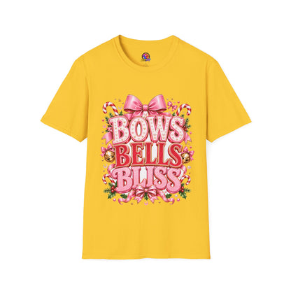 Bows Bells Bliss Christmas T‑Shirt — Pink Holiday Bow Graphic