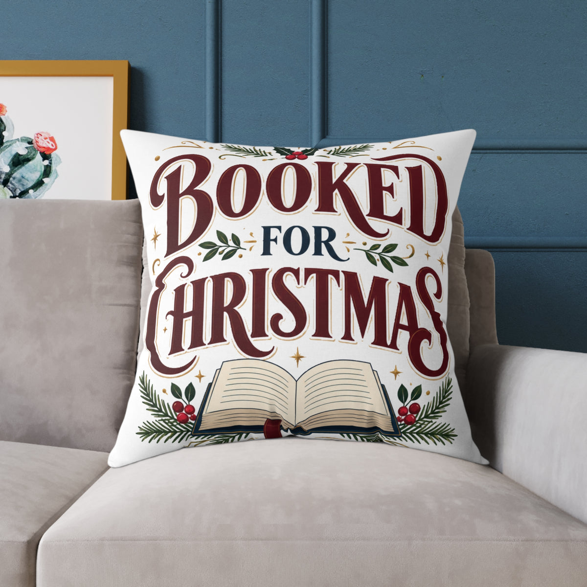 Christmas Book Lover Pillow — "Booked for Christmas" Decorative Throw Pillow