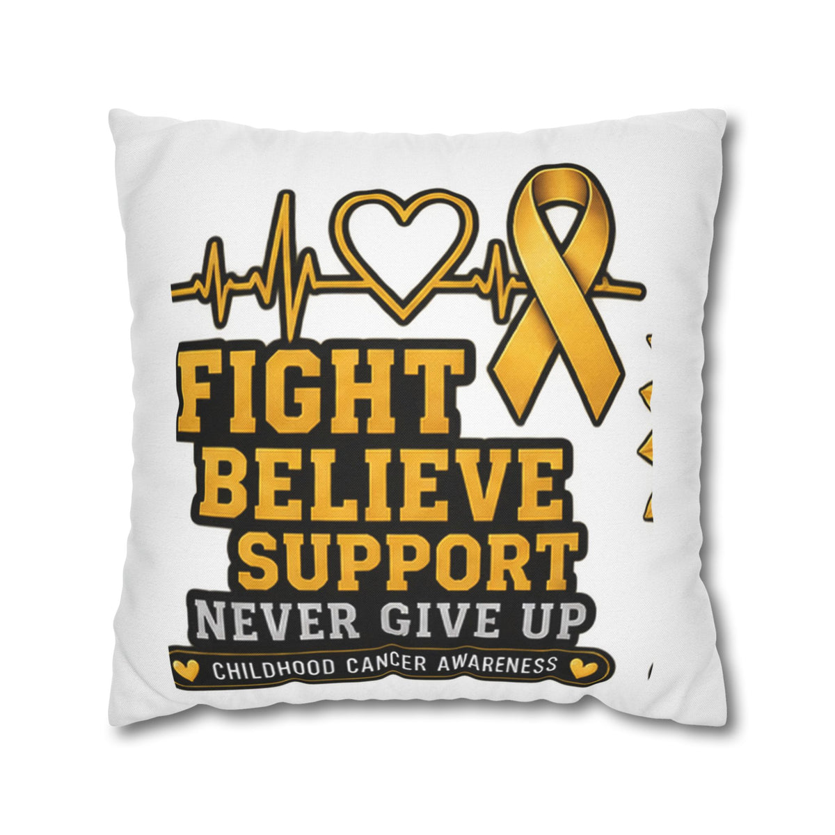 Childhood Cancer Awareness Pillow — "Fight Believe Support Never Give Up" Gold Ribbon Decorative Throw Pillow