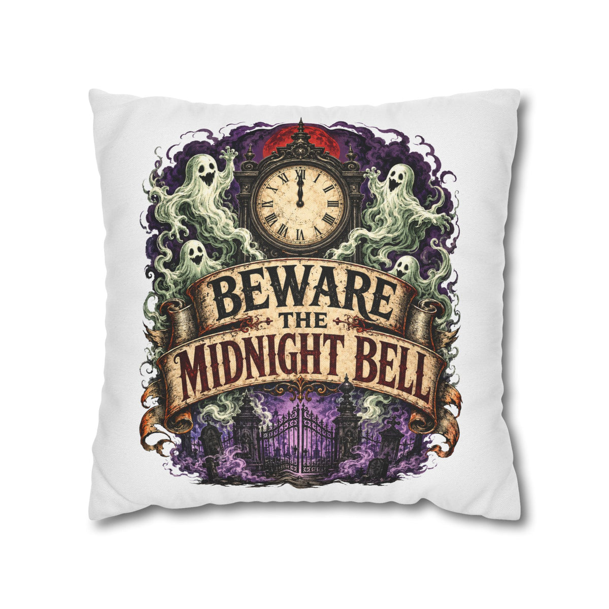 Halloween Beware the Midnight Bell Pillowcase — Haunted Clock & Ghosts Decorative Throw Pillow