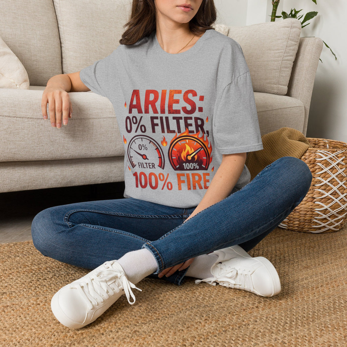 Aries T-Shirt — "Aries: 0% Filter, 100% Fire" Bold Zodiac Tee