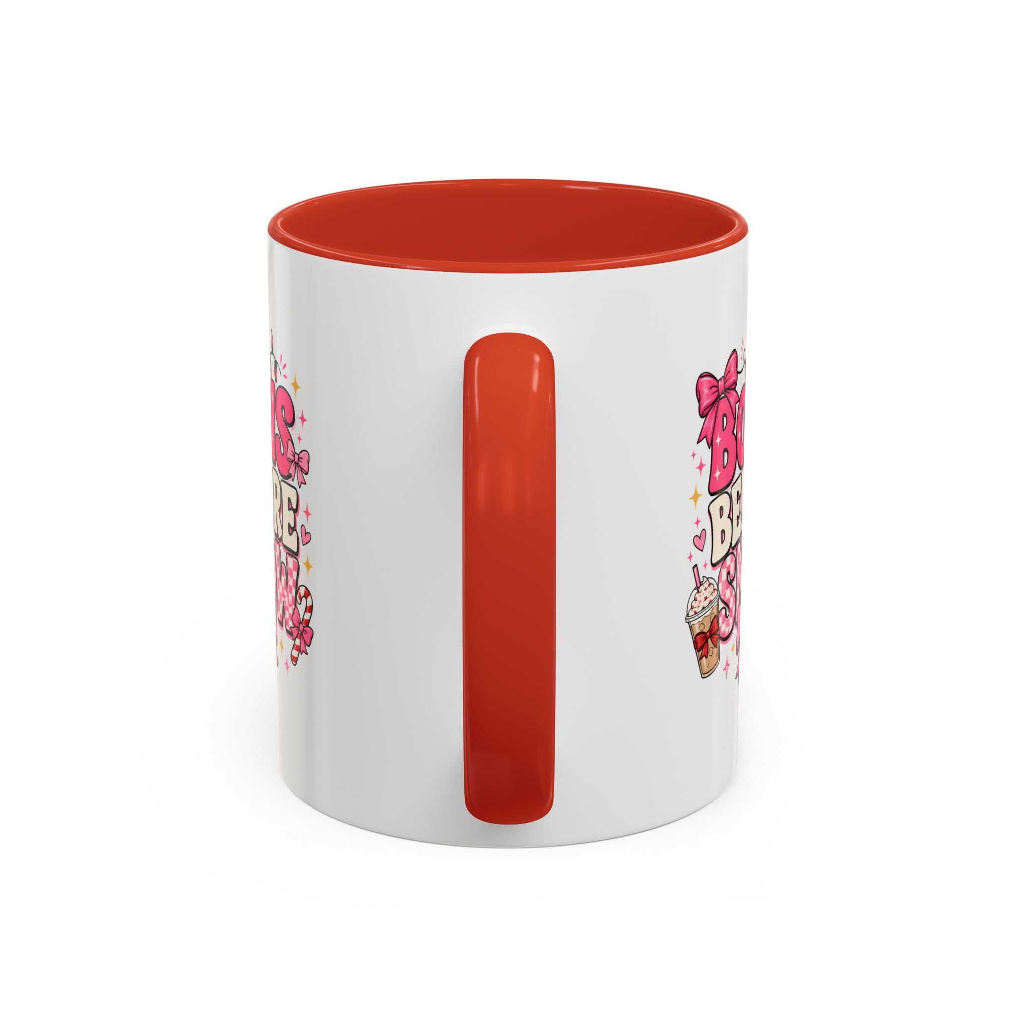 Modern Day Christmas Bows Before Snow Accent Coffee Mug — Cute Pink Holiday Hot Cocoa Design (11/15oz)