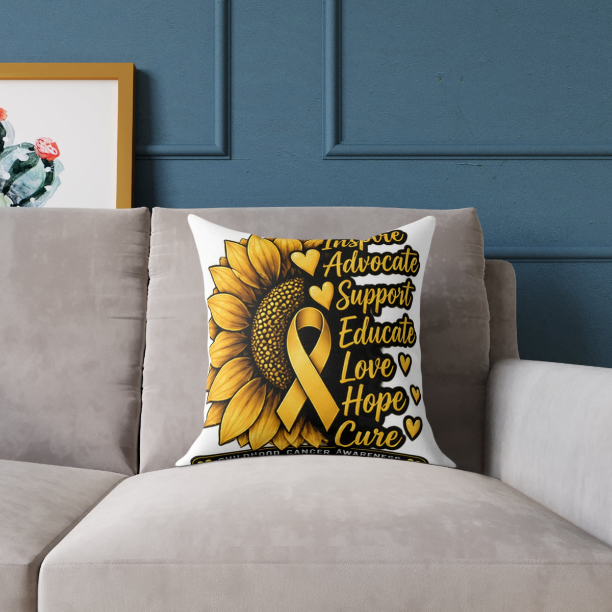 Childhood Cancer Sunflower Awareness Pillow — Inspire Advocate Support Educate Love Hope Cure