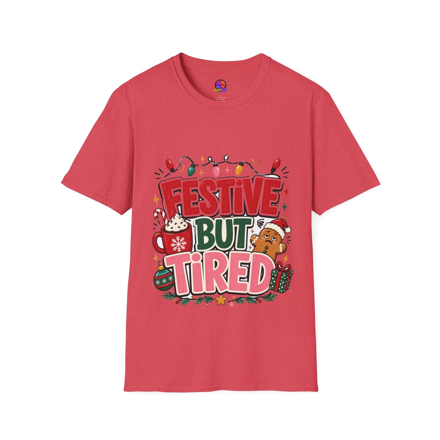 Festive But Tired T-Shirt — Holiday Christmas Crew Tee with Lights & Gingerbread