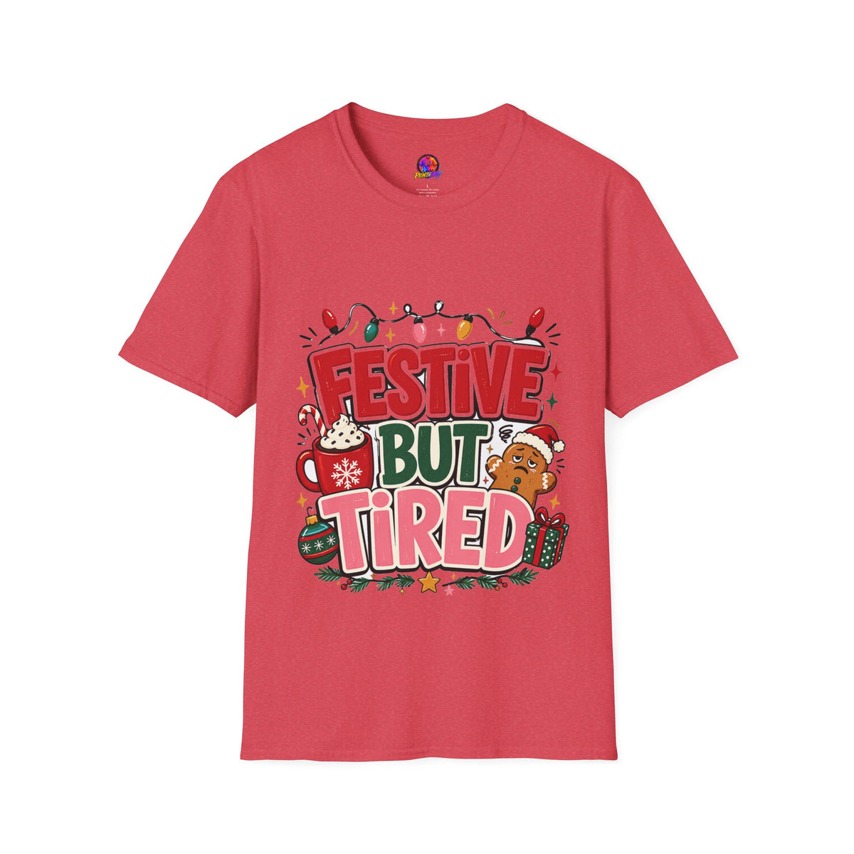 Festive But Tired T-Shirt — Holiday Christmas Crew Tee with Lights & Gingerbread
