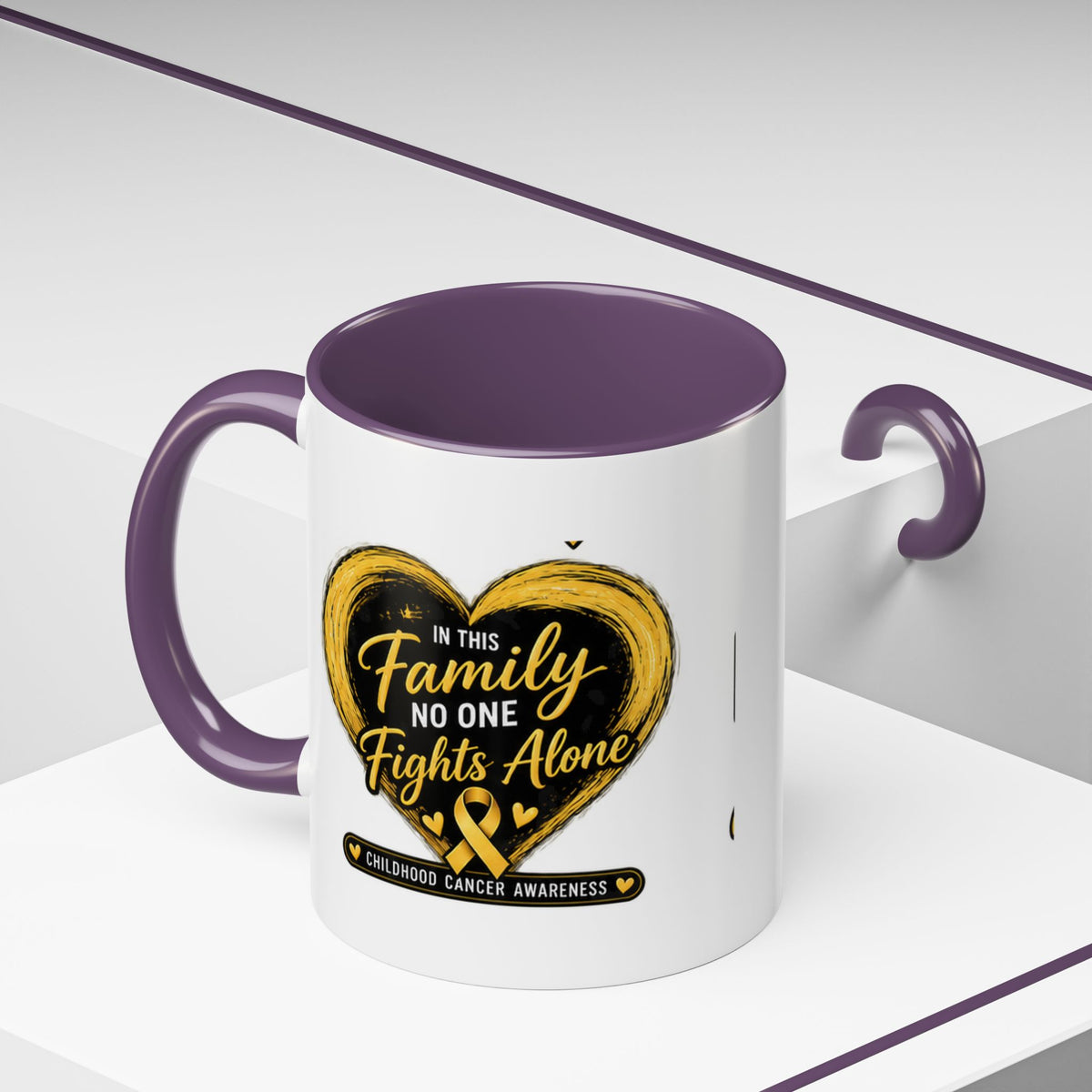 Childhood Cancer Awareness Accent Coffee Mug — "In This Family No One Fights Alone"