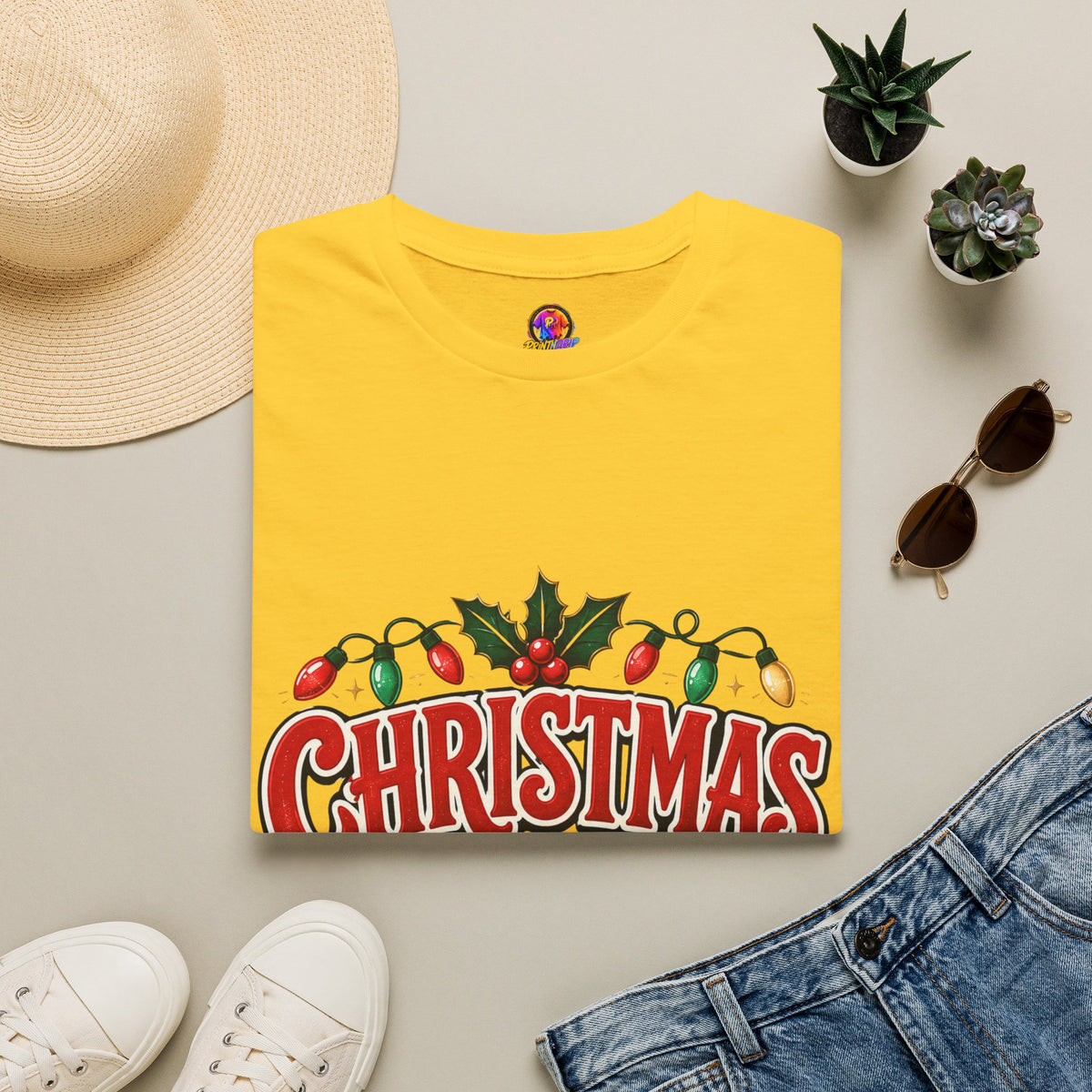 Christmas Crew T-Shirt — Festive Holiday Graphic Tee with Lights & Holly