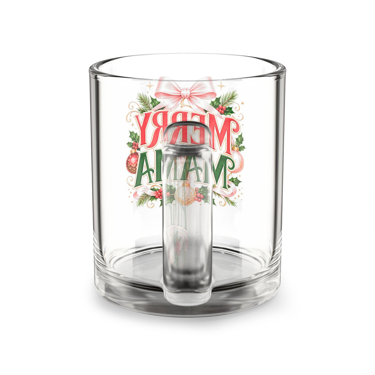 Christmas Glass Mug 10 oz Merry Mama Glass Mug — 10oz Christmas Coffee Cup with Festive Wreath Design