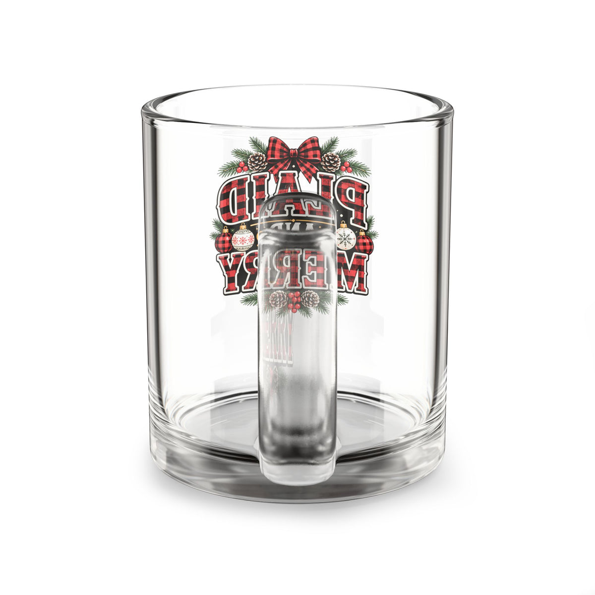Christmas Glass Mug 10 oz Glass Mug — "Plaid and Merry" Holiday Plaid Christmas Coffee Mug, 10oz