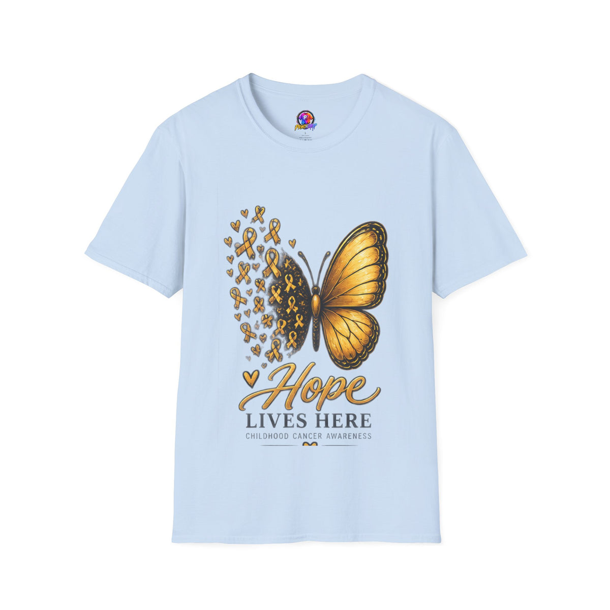 Hope Lives Here Gold Ribbon Butterfly Childhood Cancer Awareness T-Shirt