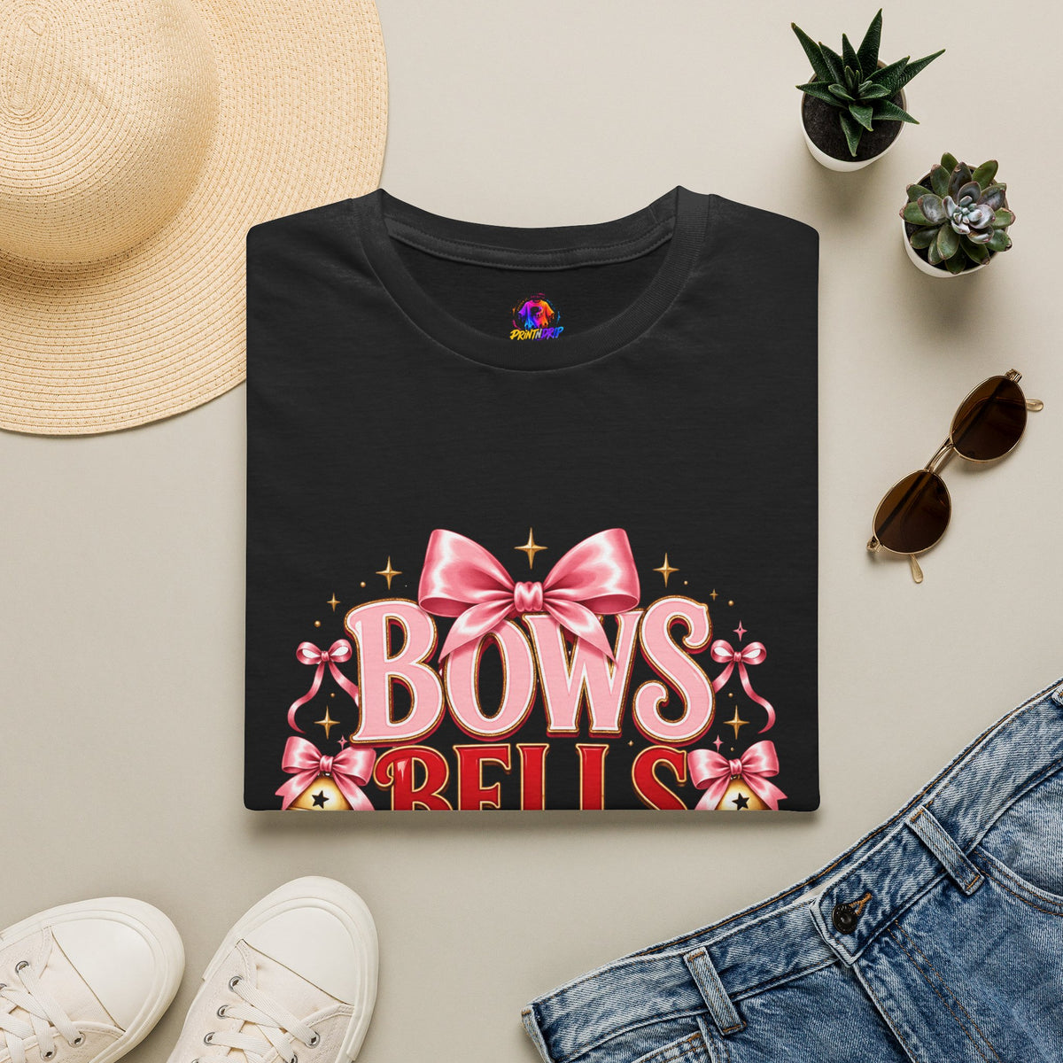T-Shirt — "Bows Bells Bliss" Pink Holiday Graphic Tee