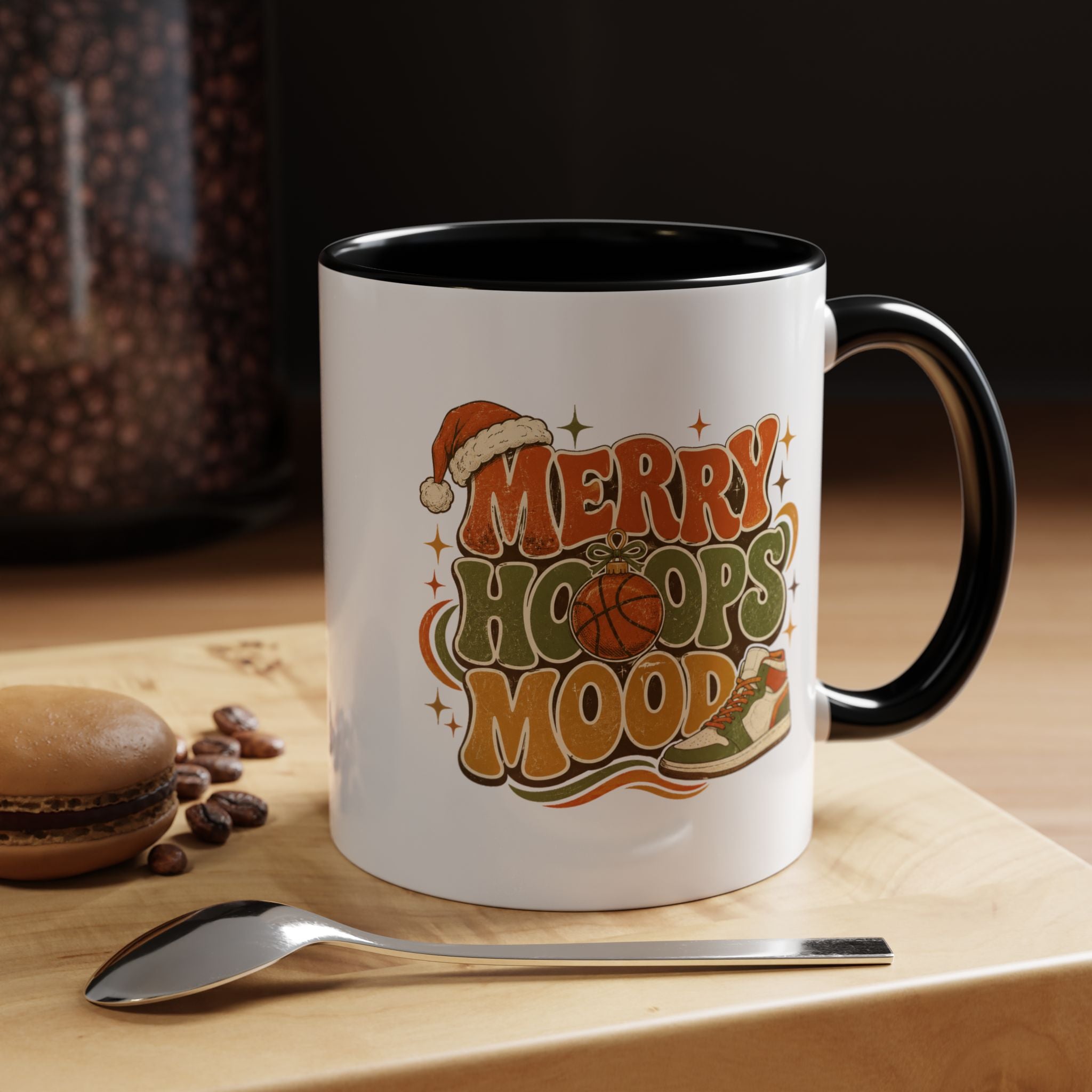 Modern Day Christmas Merry Hoops Mood Accent Coffee Mug — Retro Basketball Christmas Design