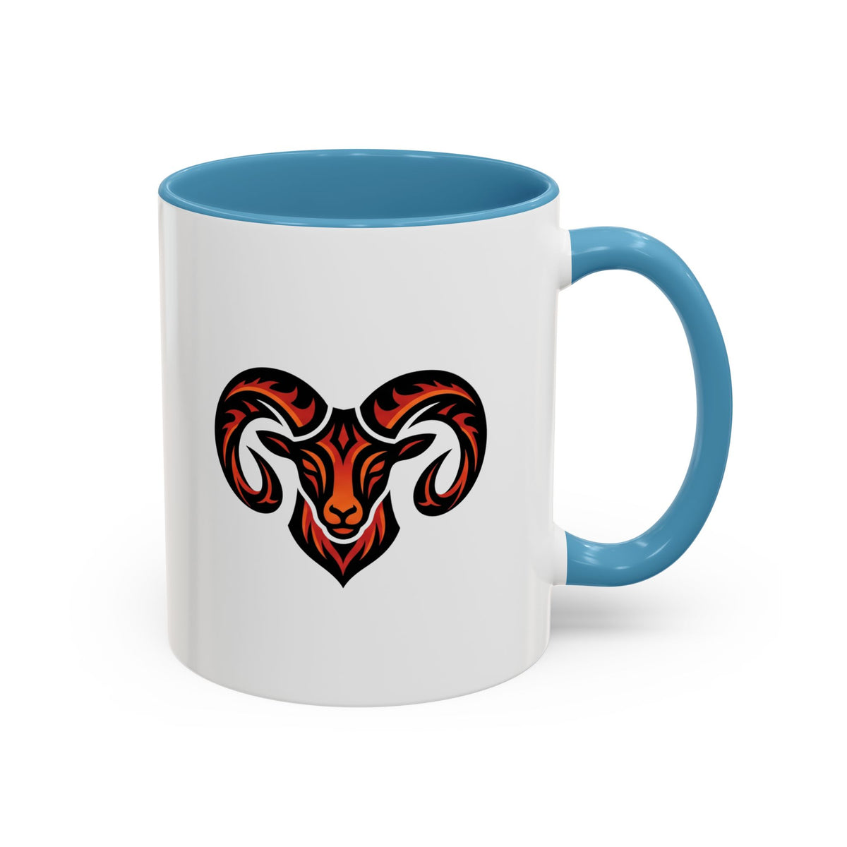 Aries Zodiac Ram Logo Accent Coffee Mug — Bold Tribal Ram Head Design