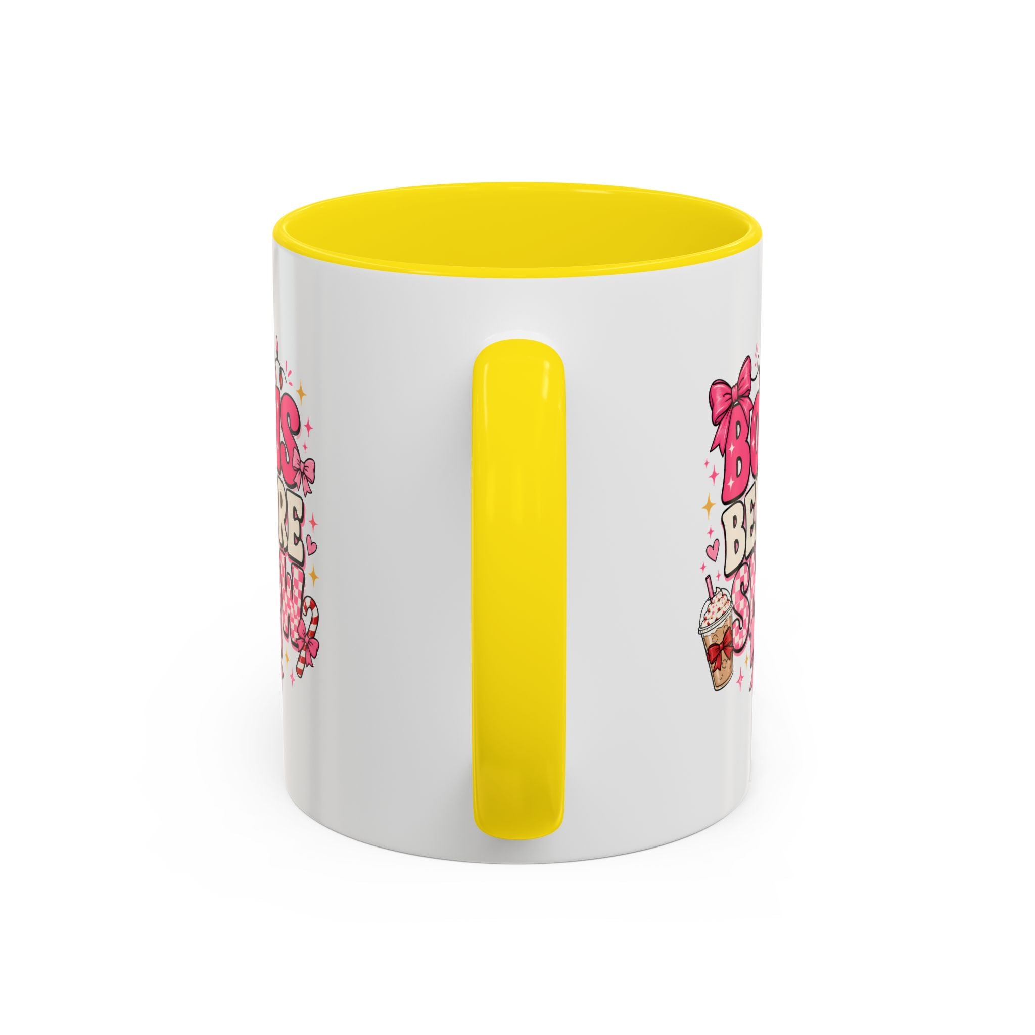 Modern Day Christmas Bows Before Snow Accent Coffee Mug — Cute Pink Holiday Hot Cocoa Design (11/15oz)