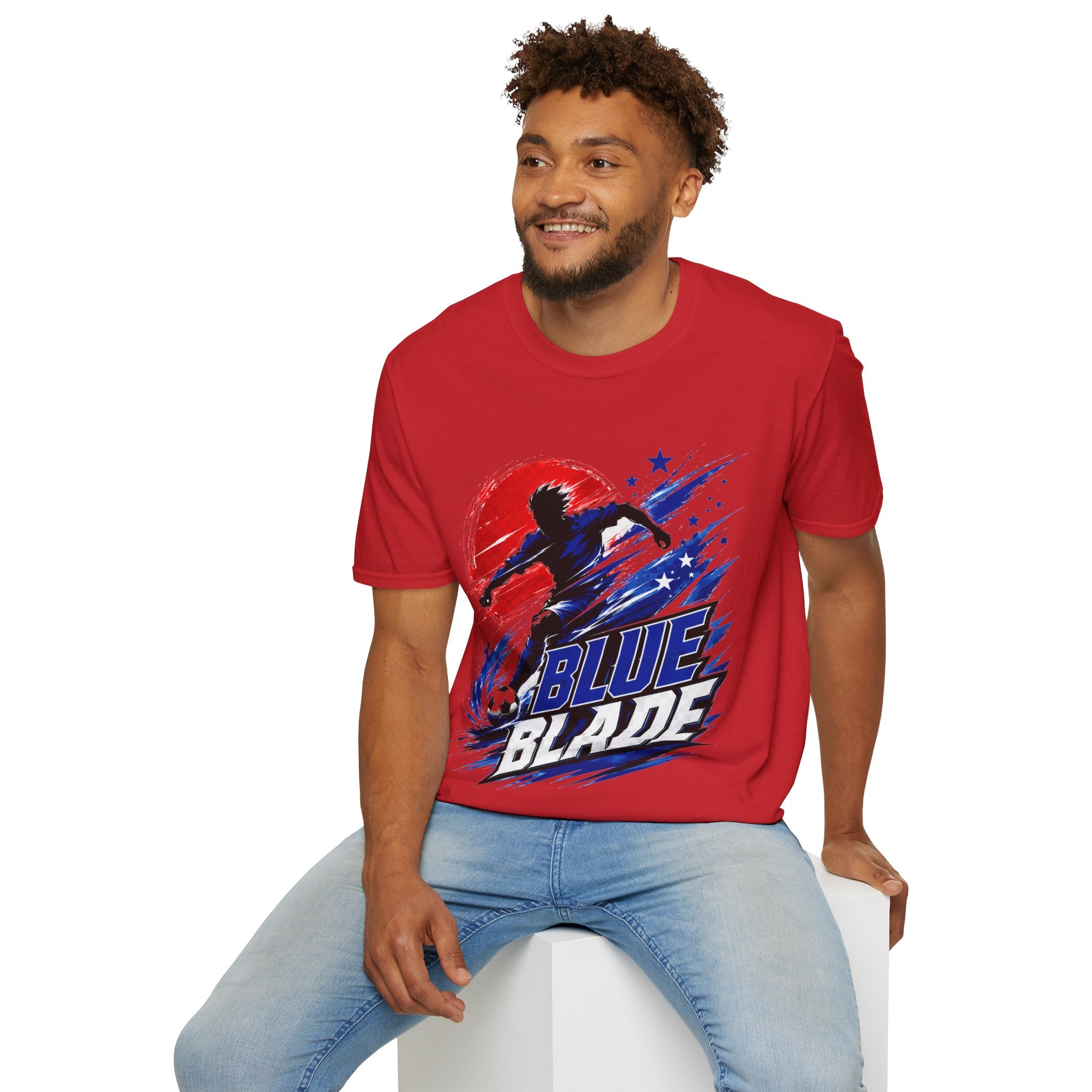 Japan T-Shirt — Blue Blade Soccer Graphic Tee (Red & Blue Starburst)