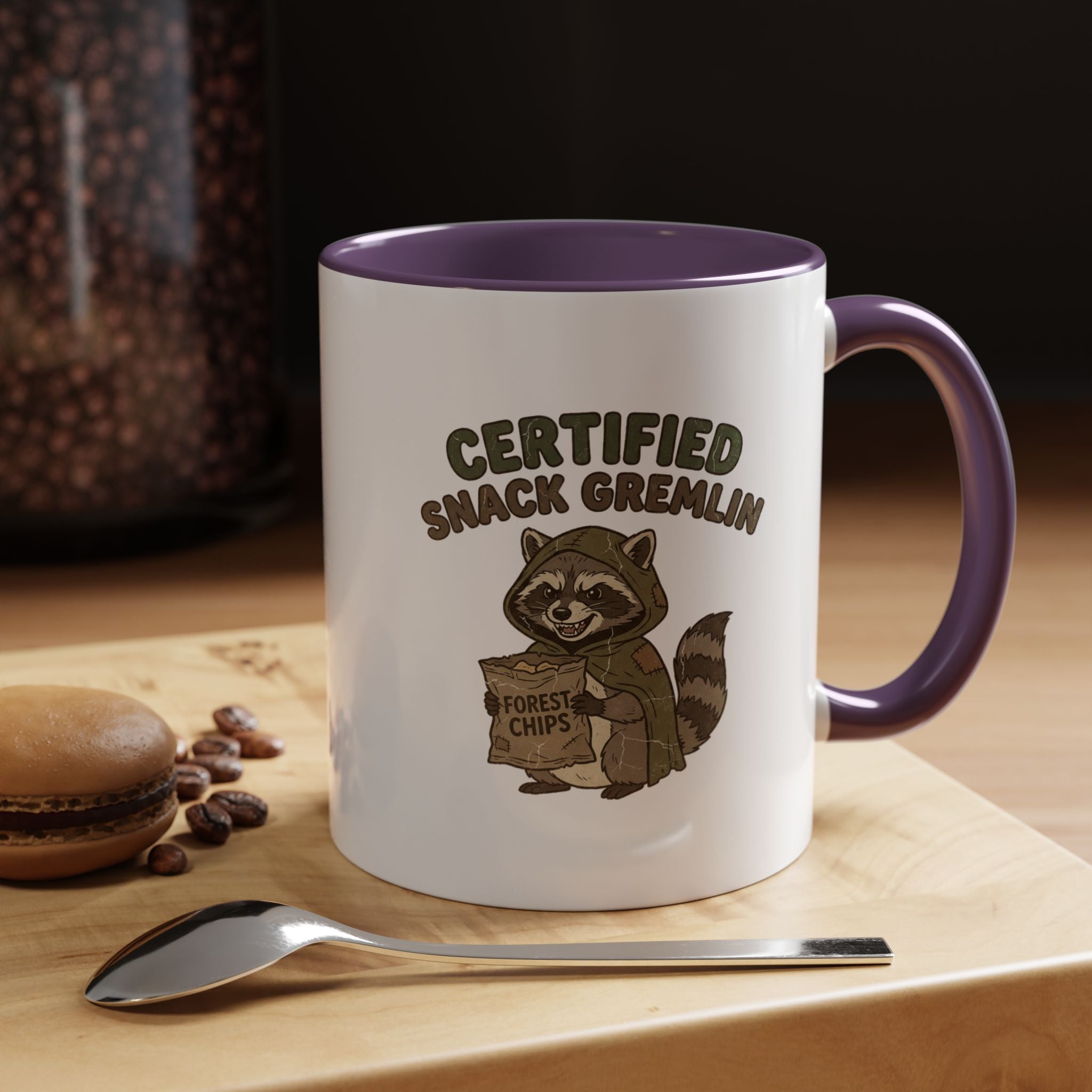 Funny Certified Snack Gremlin Coffee Mug — Cute Raccoon Snack Lover Accent Mug