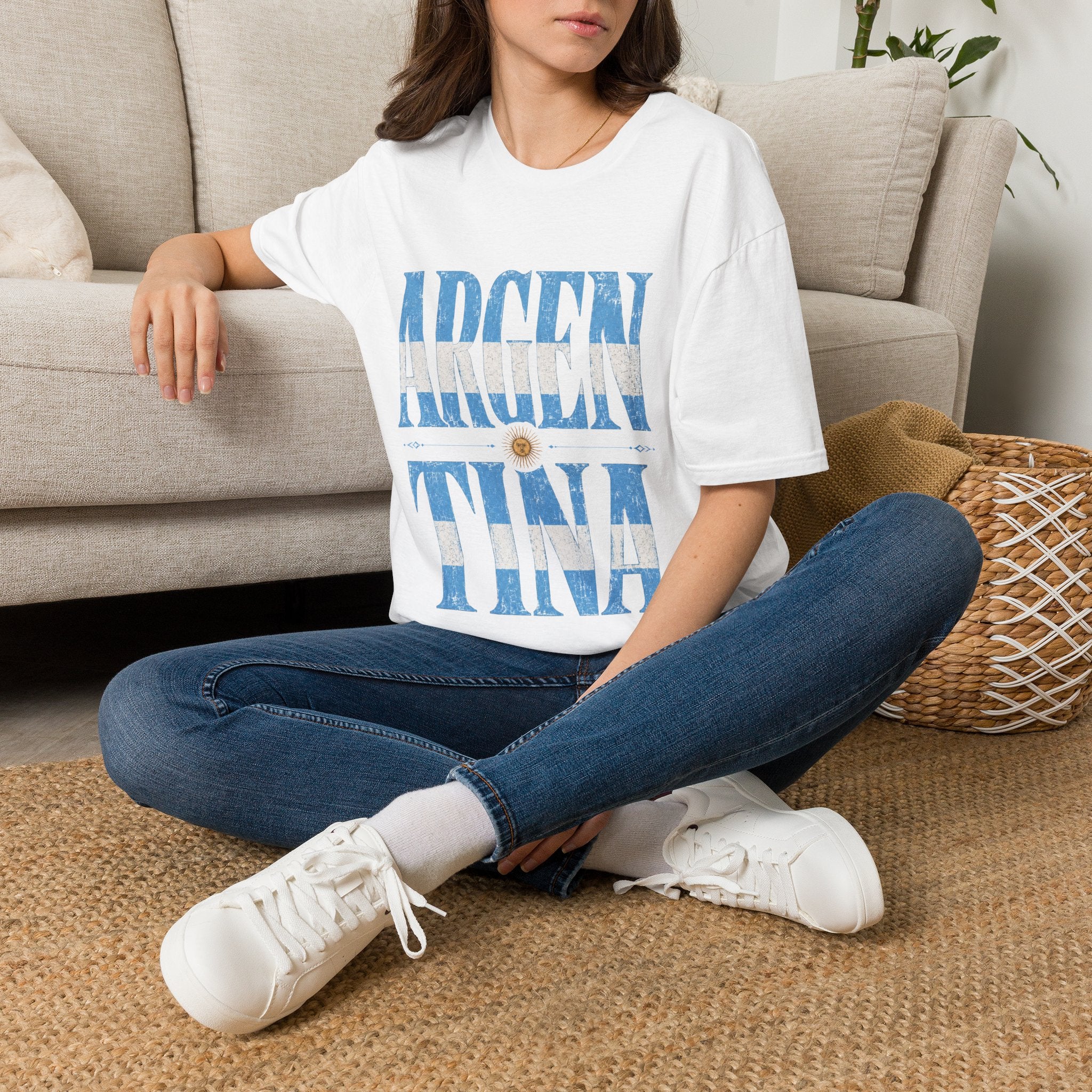 Argentina Flag Graphic T‑Shirt — Vintage Blue Distressed Typography