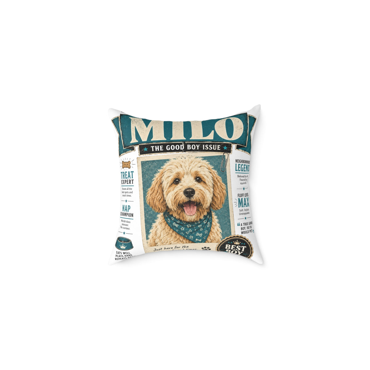 Personalized Dog Magazine Cover Pillow  Milo Bailey Dog Dad Mom — 'MILO' Square Poly Canvas Throw Pillow