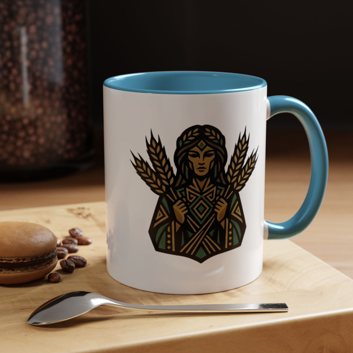 Virgo Zodiac Harvest Goddess Accent Coffee Mug — Rustic Wheat & Earthy Green Tribal Design