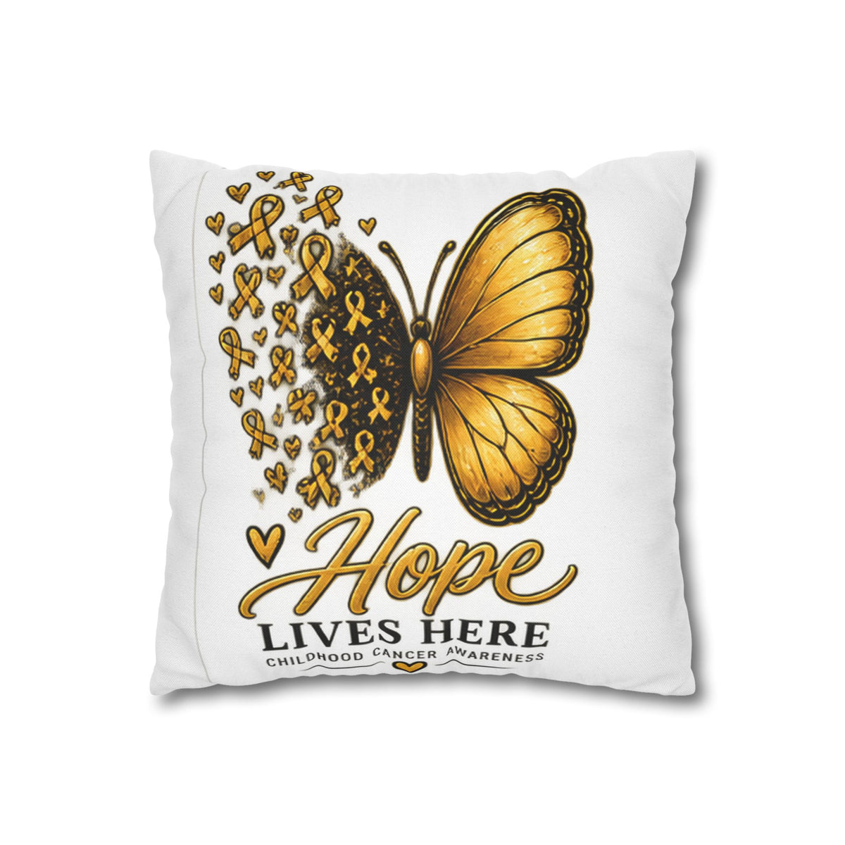 Childhood Cancer Awareness Pillow – "Hope Lives Here" Gold Ribbon Butterfly Square Pillowcase