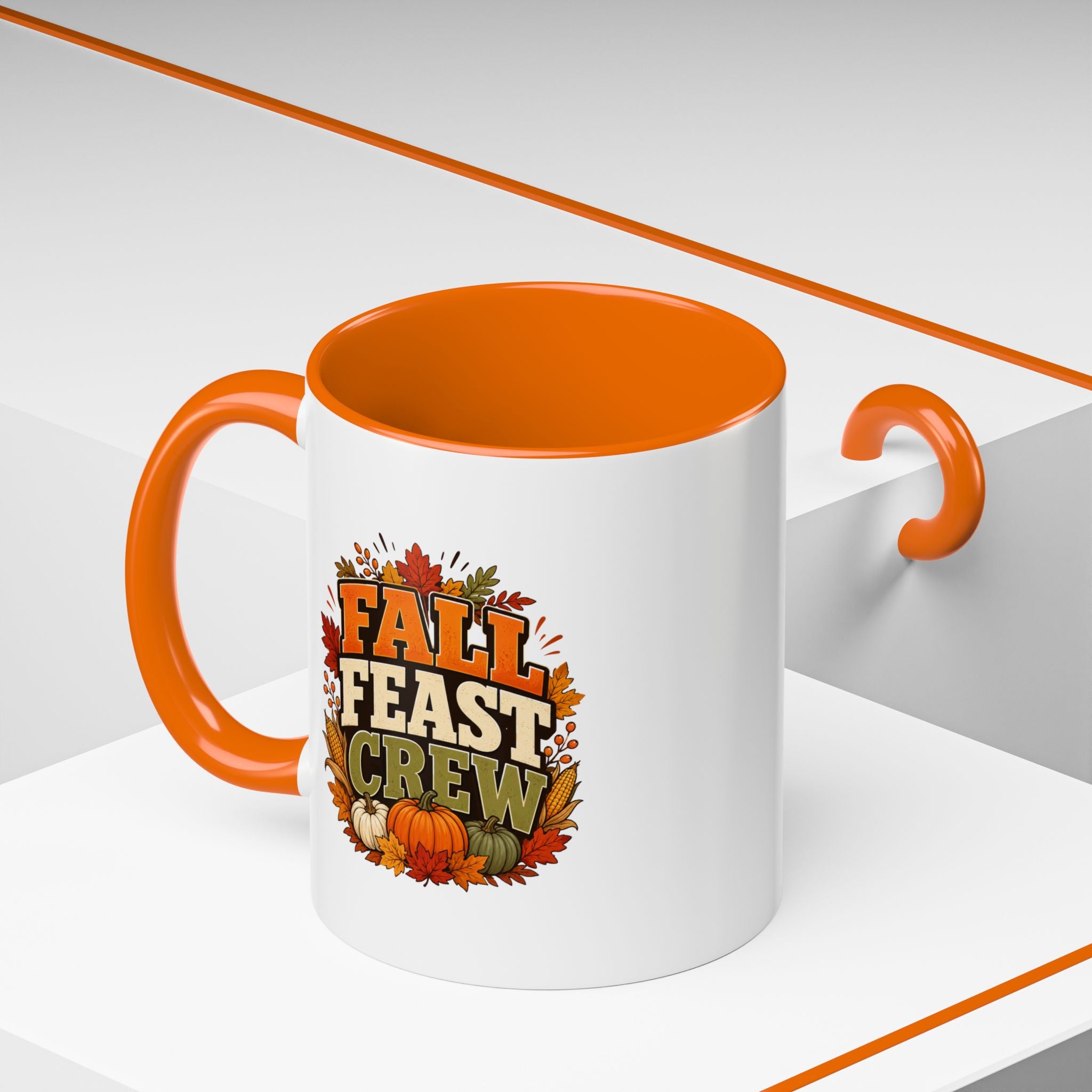 Thanksgiving Mug Fall Feast Crew Coffee Mug — Autumn Pumpkin & Leaves Accent Mug
