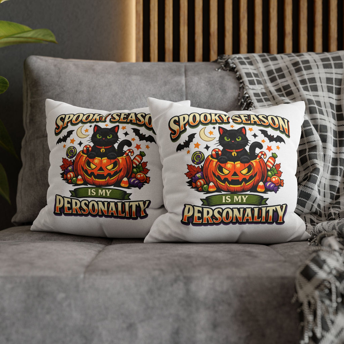Halloween Pillowcase — "Spooky Season Is My Personality" Black Cat Pumpkin Decorative Pillow