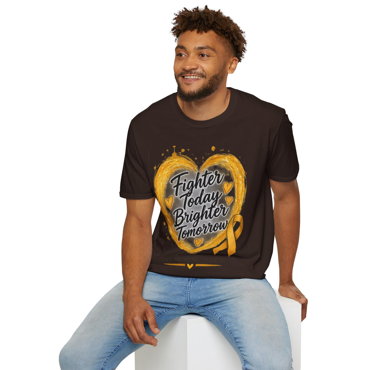 Childhood Cancer Awareness T-Shirt — "Fighter Today Brighter Tomorrow" Gold Ribbon