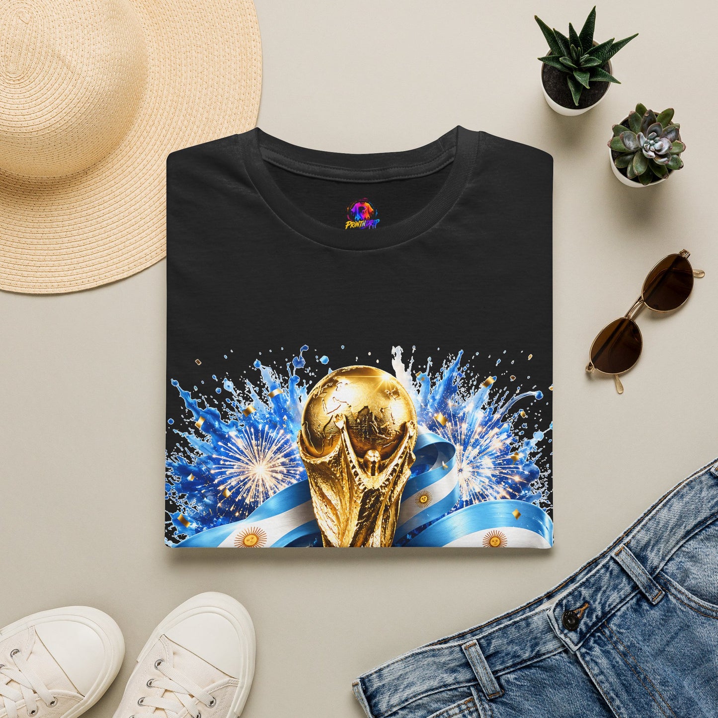 Argentina World Cup Champions T-Shirt — Gold Trophy Celebration Tee
