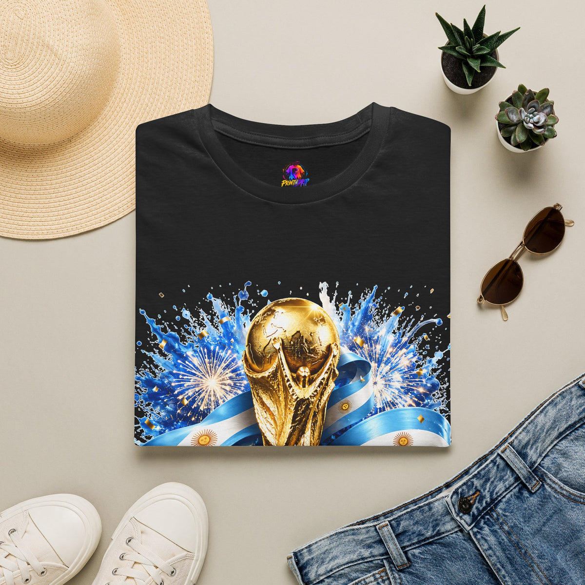 Argentina World Cup Champions T-Shirt — Gold Trophy Celebration Tee