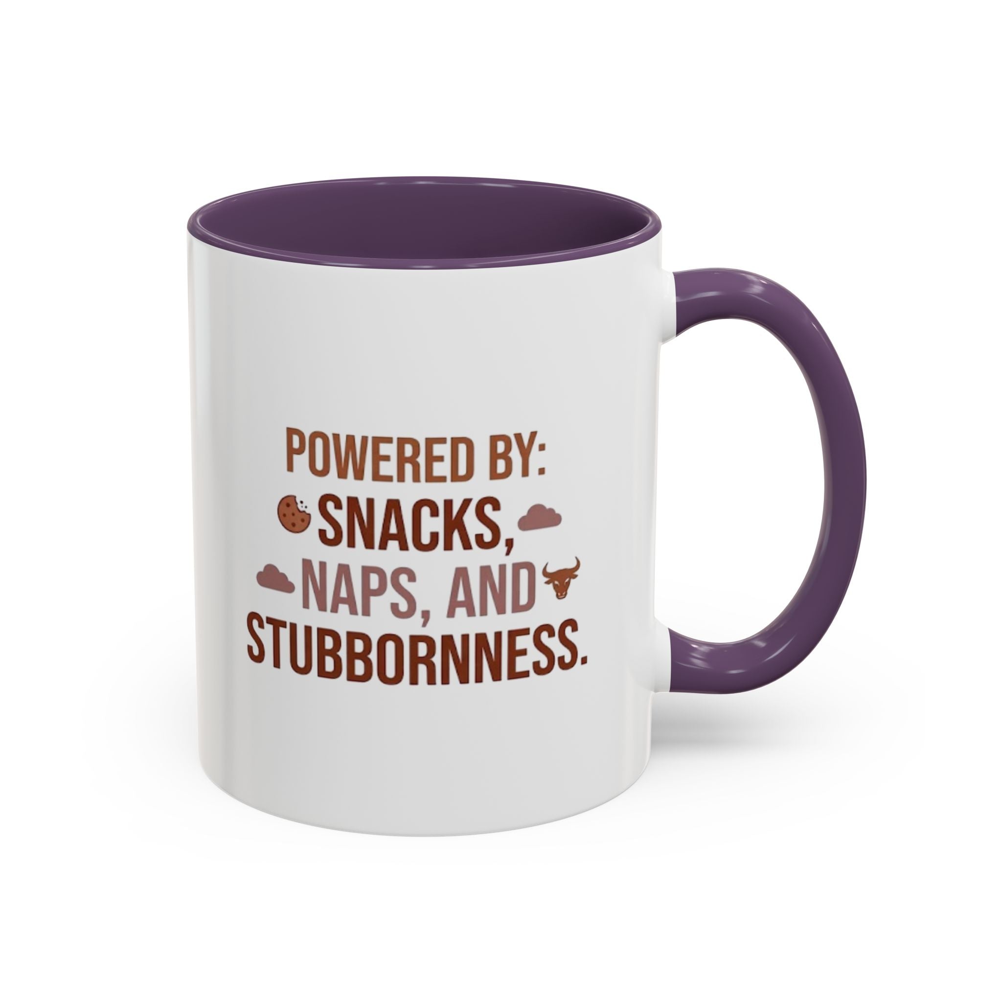 Coffee Mug — "Powered by: Snacks, Naps, and Stubbornness" Ceramic Accent Mug