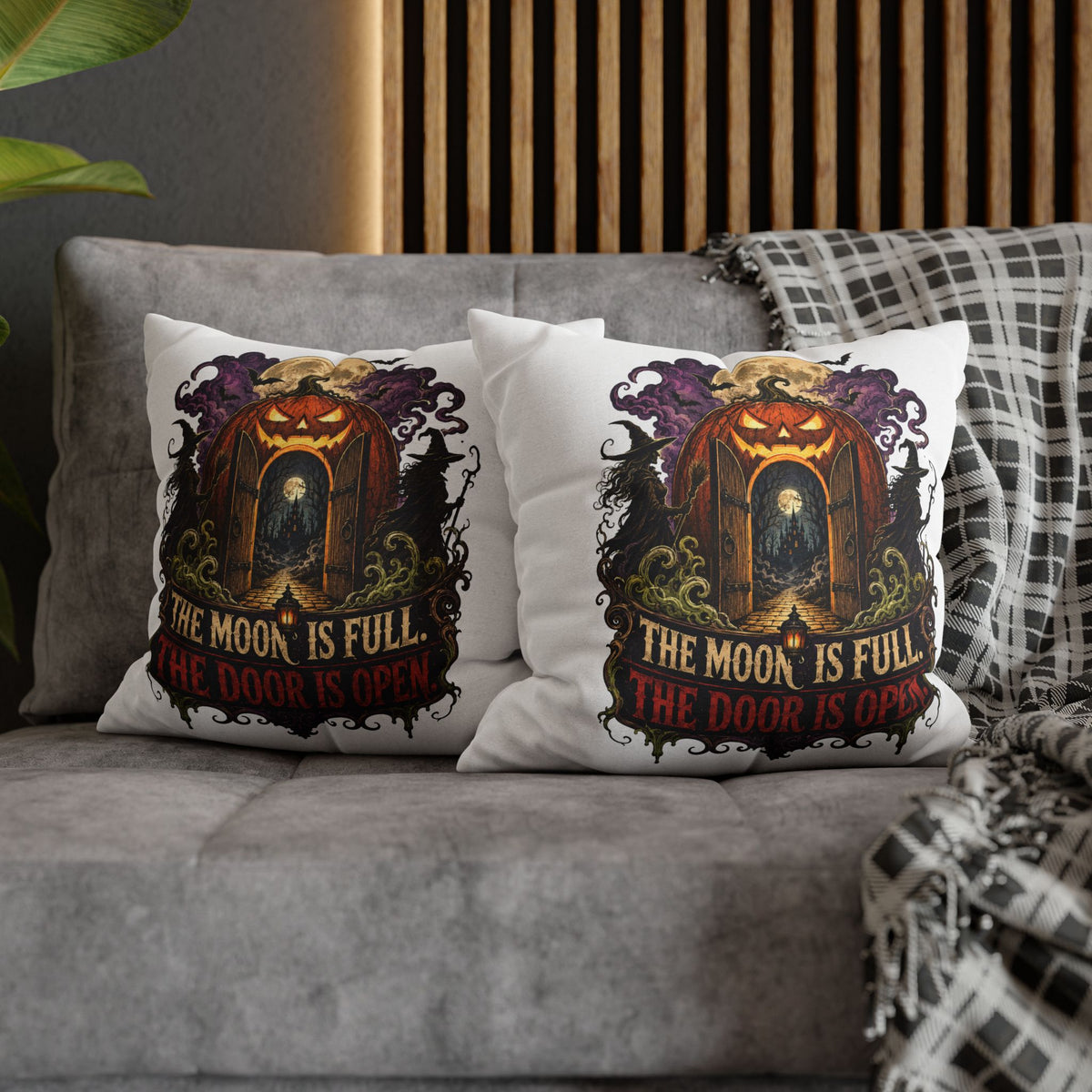 Halloween Pumpkin Door Pillowcase - "The Moon Is Full, The Door Is Open" Spun Polyester Throw Pillow