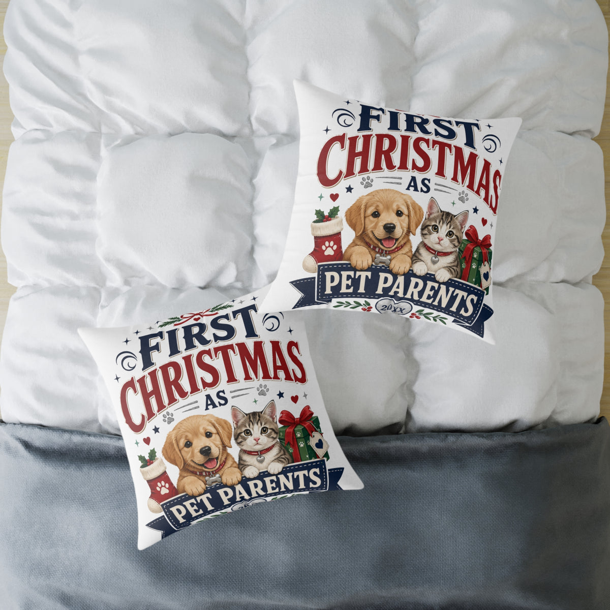 Christmas Square Pillow — "First Christmas as Pet Parents" Holiday Throw Pillow (Dog & Cat)